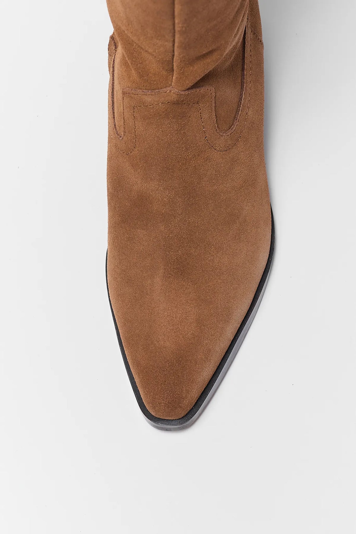 Virona Tan Suede Boots Pointed Toe & Western Stitch Detail Close-Up | Avara