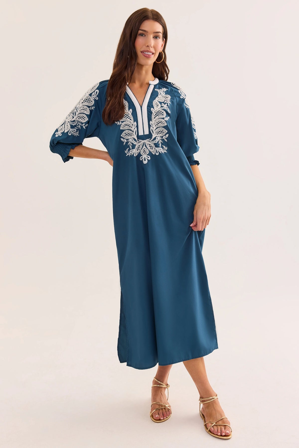 Vivian Navy Embroidered Midi Dress - Front View, modest 3/4 sleeve with white embroidery | Avara