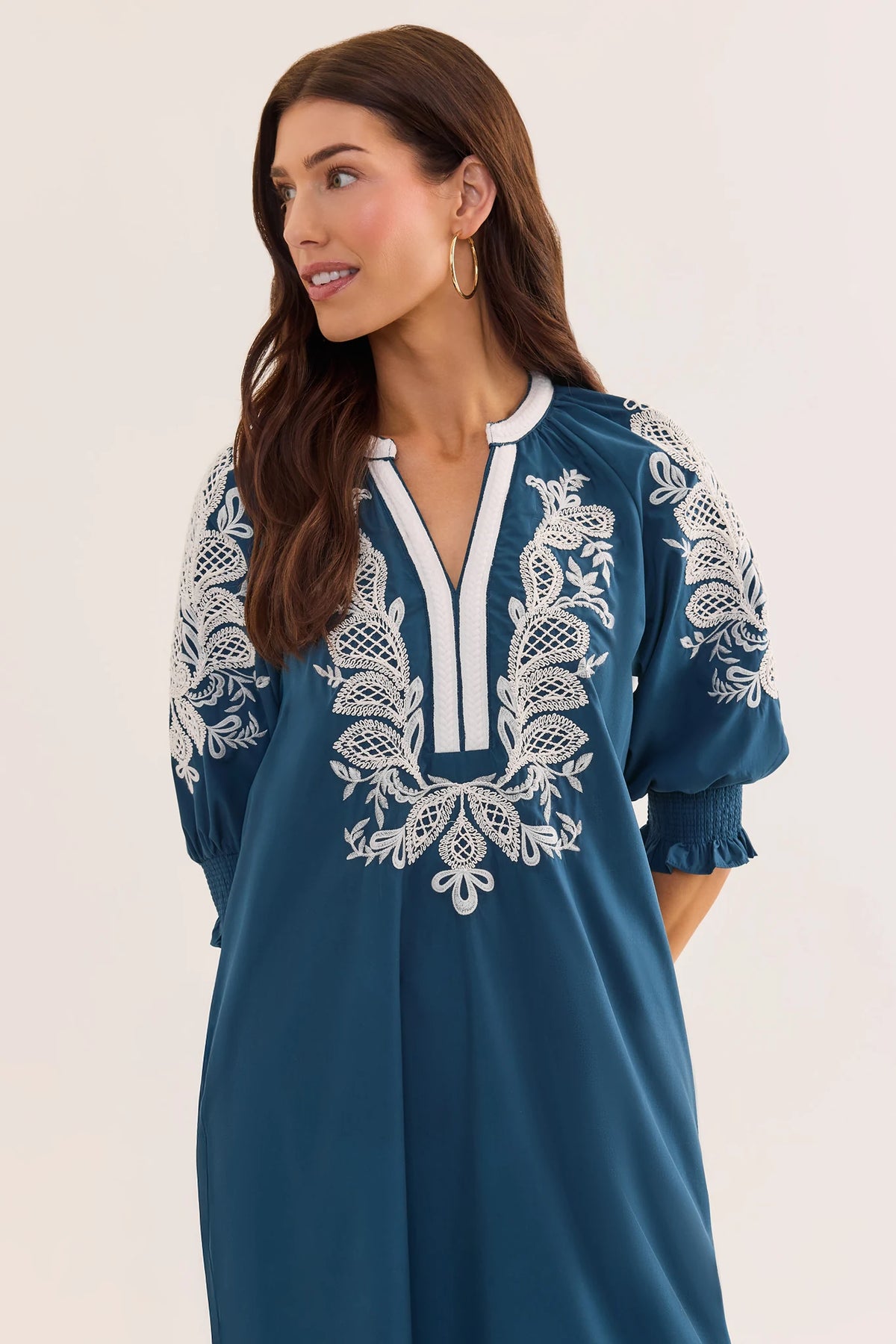 Vivian Navy Embroidered Midi Dress - Close-Up Neckline & Sleeve Embroidery Detail | Avara