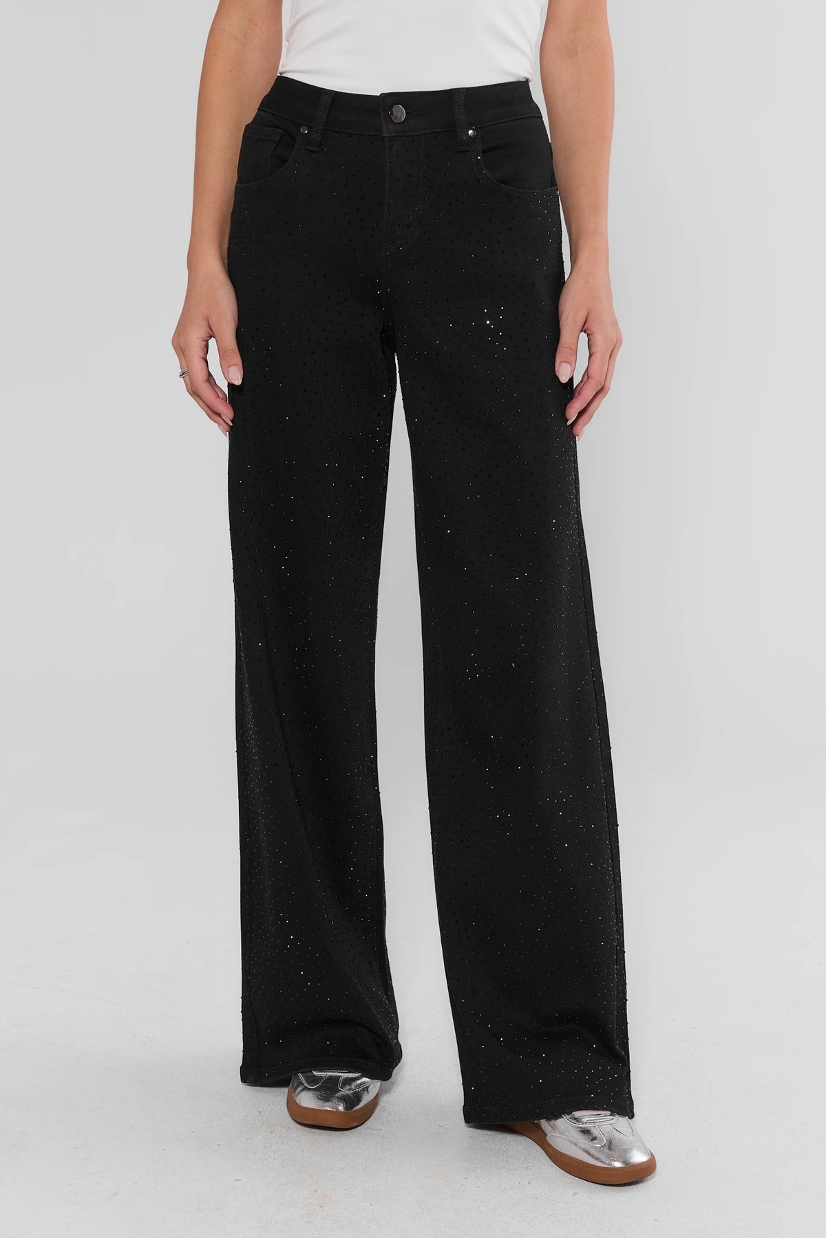 Carrie Black Rhinestone Wide Leg Jeans on model with white tee and silver flats, front view | Avara