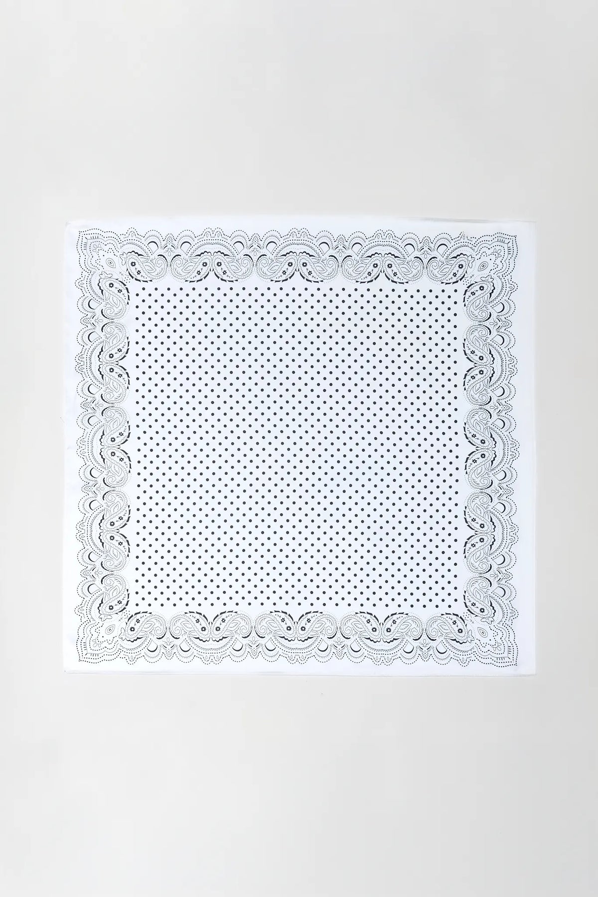 White polka dot printed scarf with black paisley border - Flat Lay | Avara