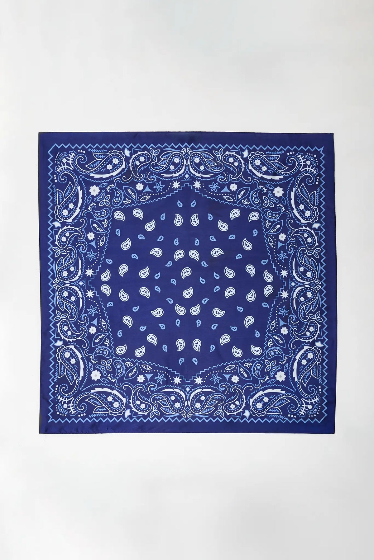 Navy blue paisley printed scarf with white bandana print - Flat Lay | Avara