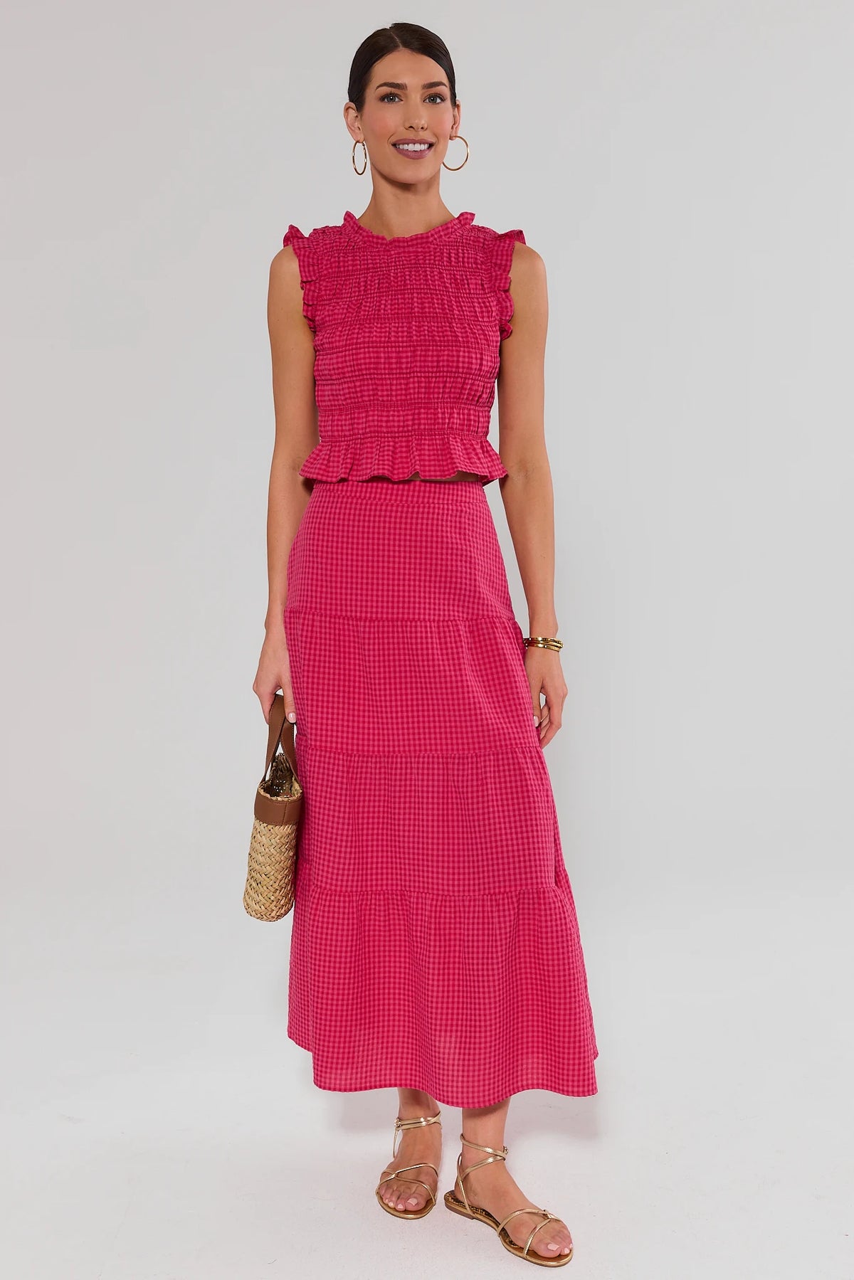 Jenny Pink Gingham Maxi Skirt - Full Matching Set Styled Look On Model | Avara