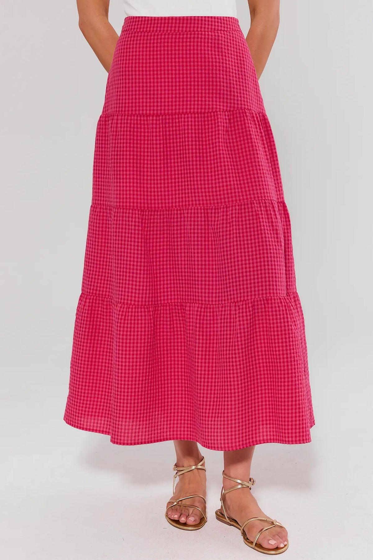 Jenny Pink Gingham Maxi Skirt - Tiered A-Line Front View | Avara