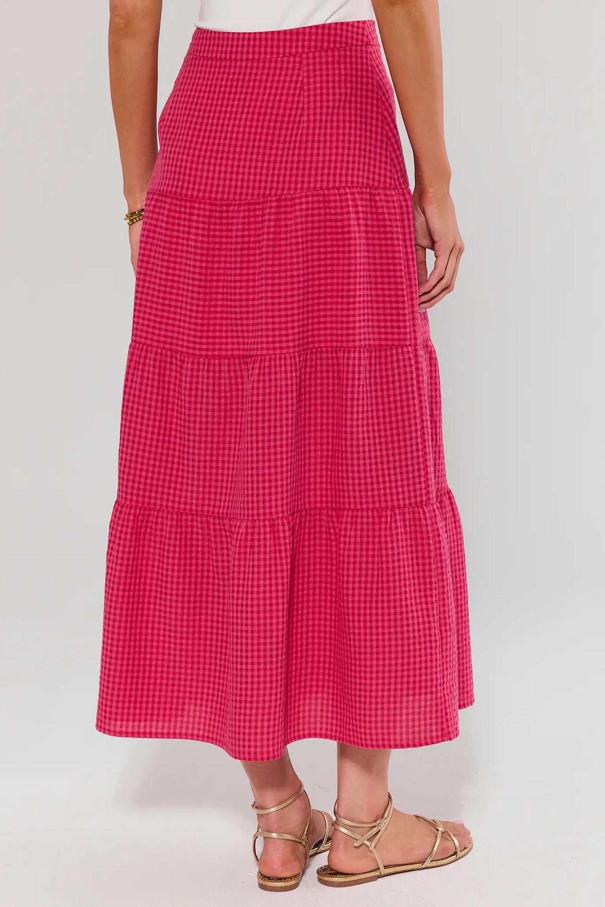 Jenny Pink Gingham Maxi Skirt - Back View Tiered A-Line Silhouette | Avara