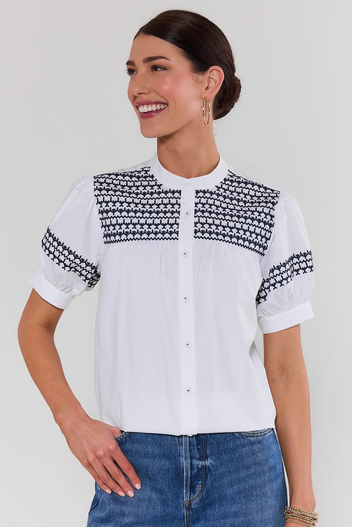 Trudy White Navy Embroidered Top - Front View, button-up with navy yoke & sleeve embroidery | Avara