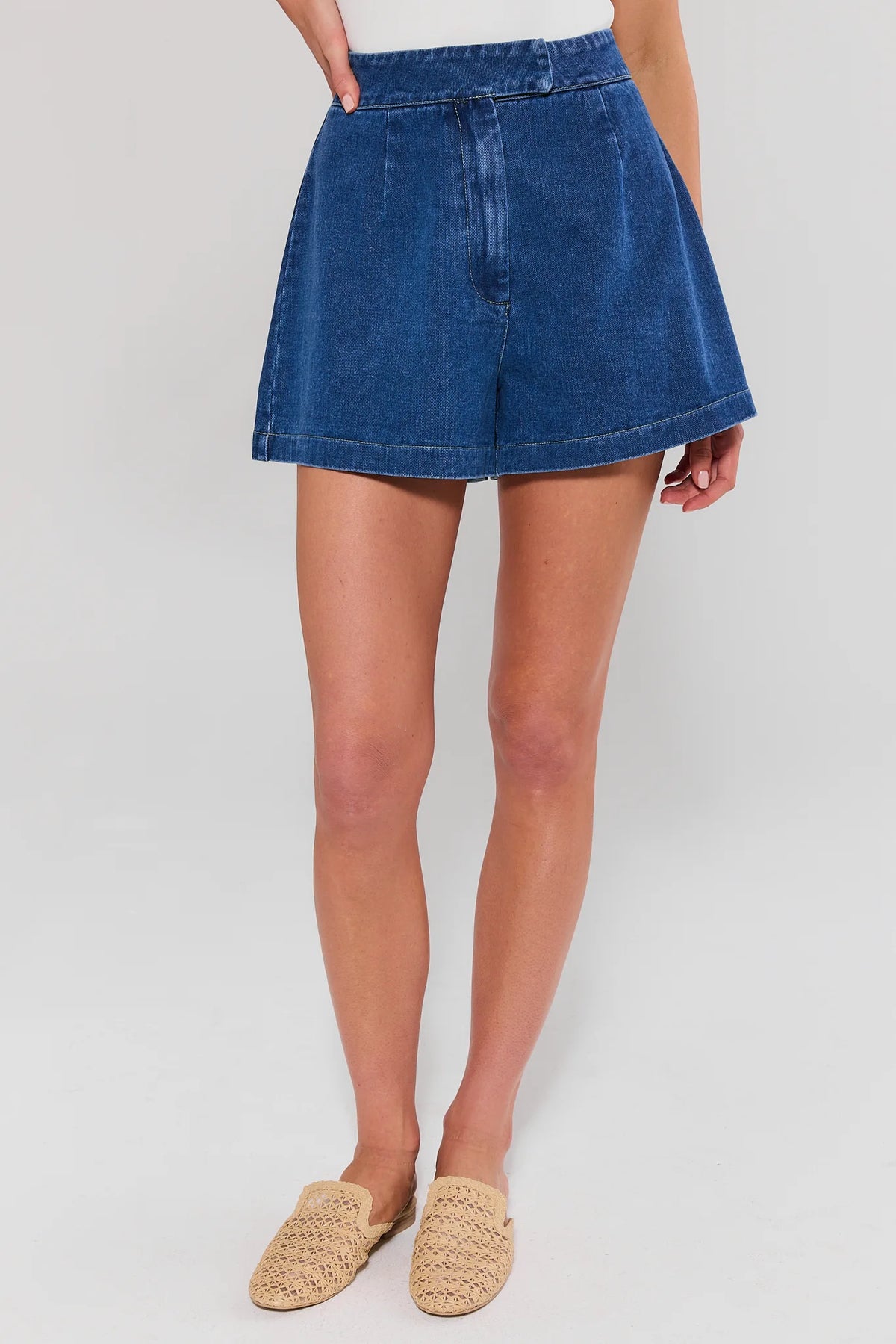 Medium Wash Denim Tailored Shorts - Front Full-Length On Model | Avara