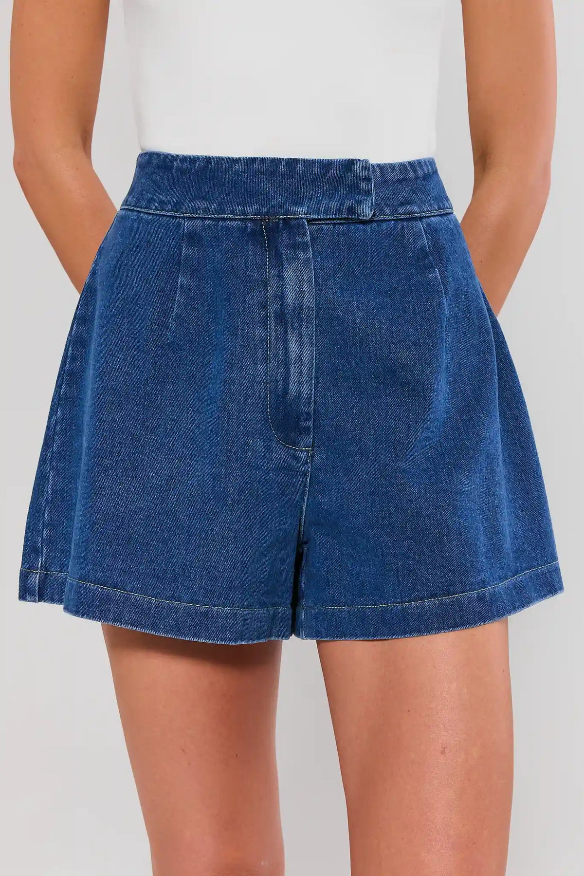 Medium Wash Denim Tailored Shorts - Front Close-Up Detail | Avara
