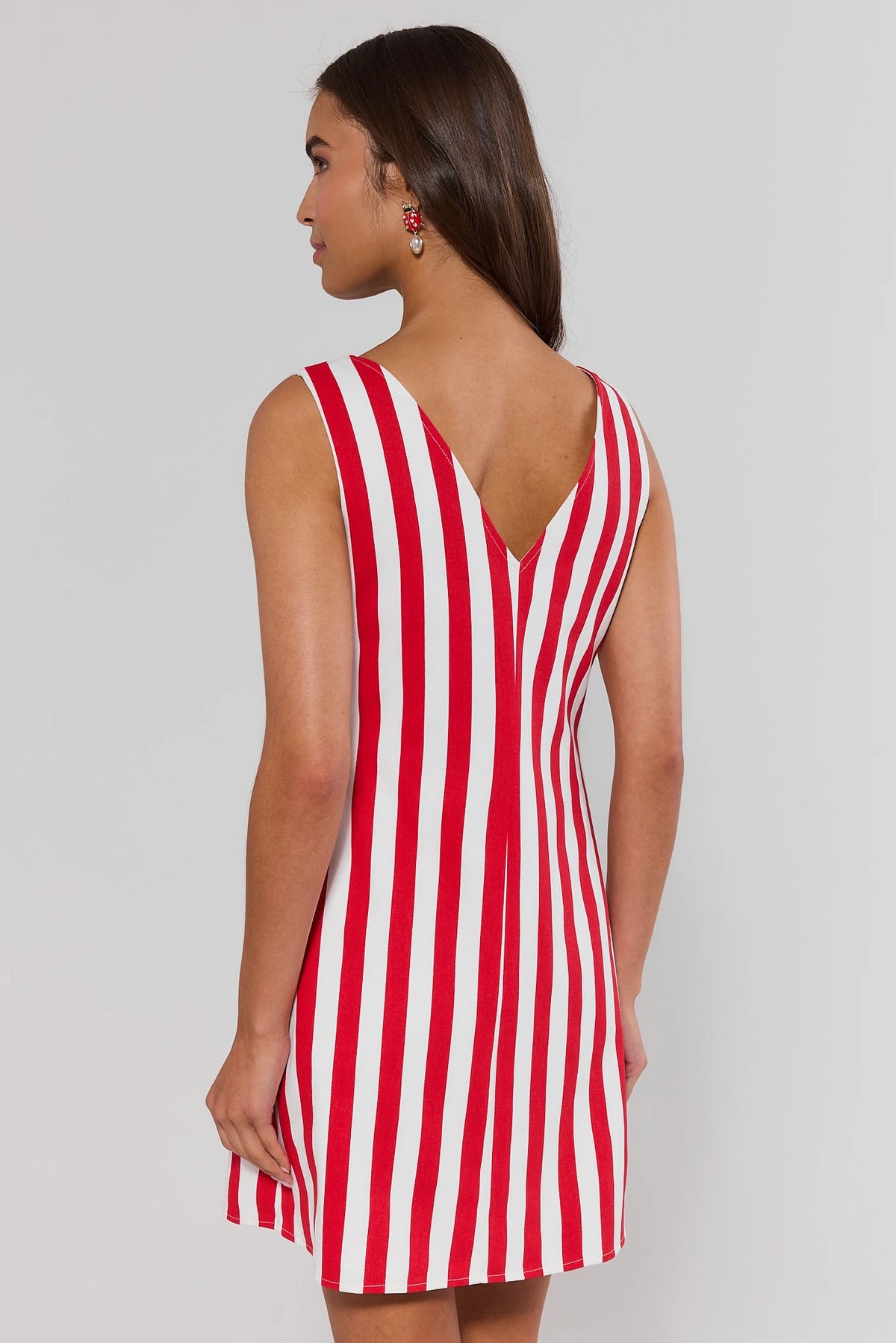 Women's red striped short dress with V-back neckline and relaxed silhouette - Back View | Avara