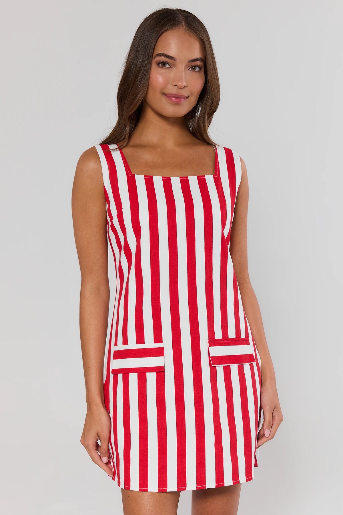 Red and white striped short dress with square neckline and front pockets - Front View | Avara