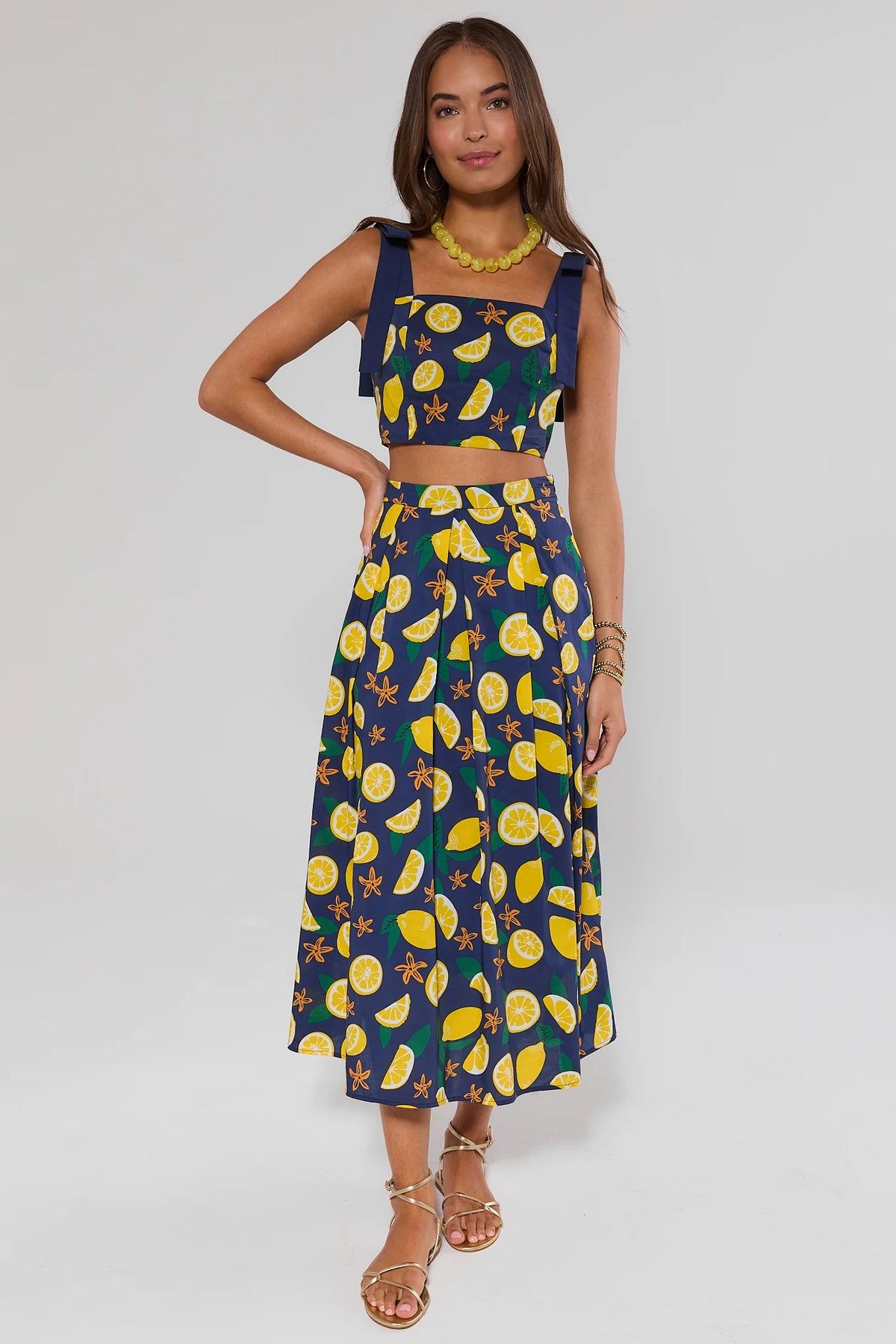Navy lemon print tank top and matching midi skirt set, full-length front view on model | Avara