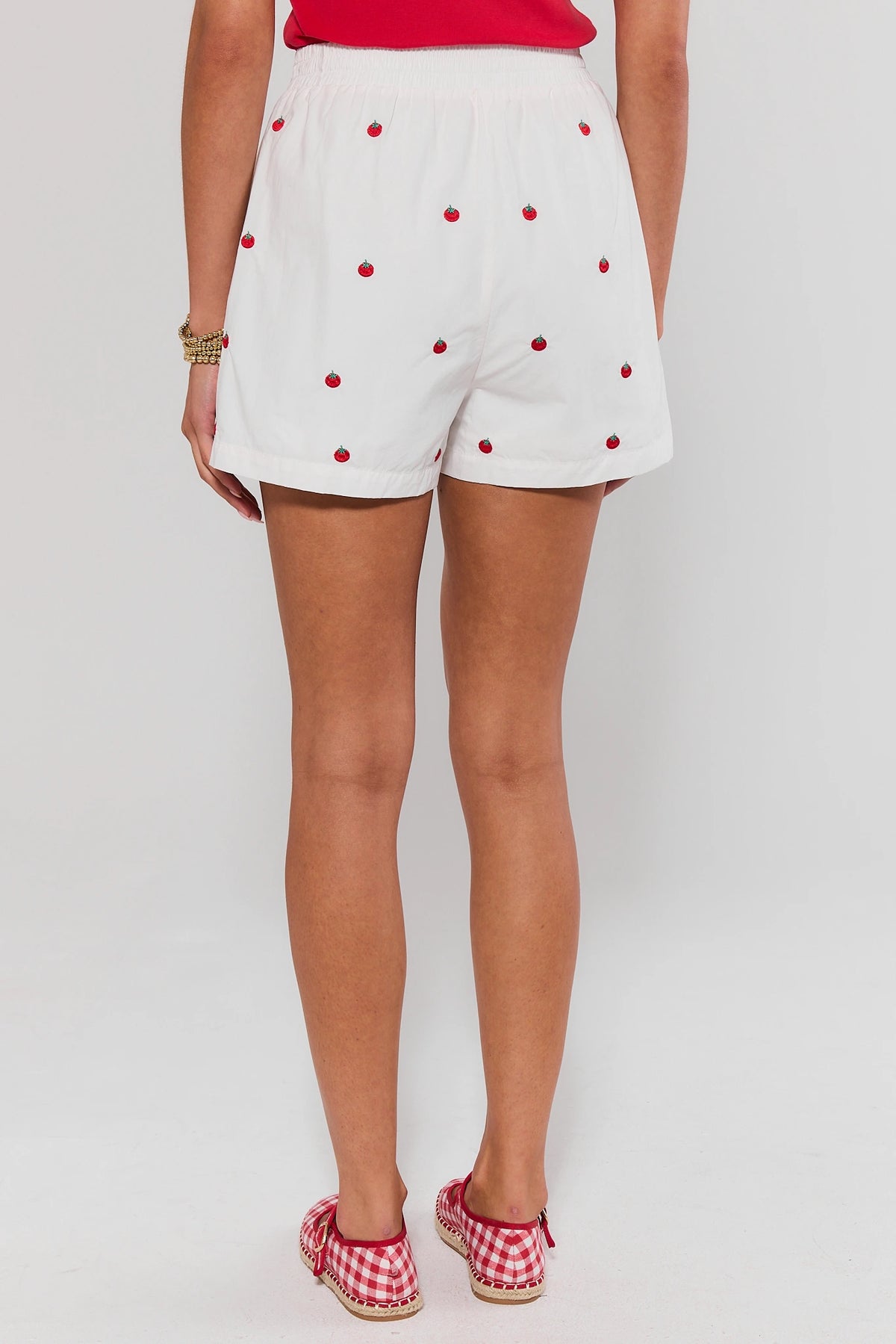 White Tomato Embroidered Shorts showing allover tomato print and cuffed hem - Back View On Model | Avara