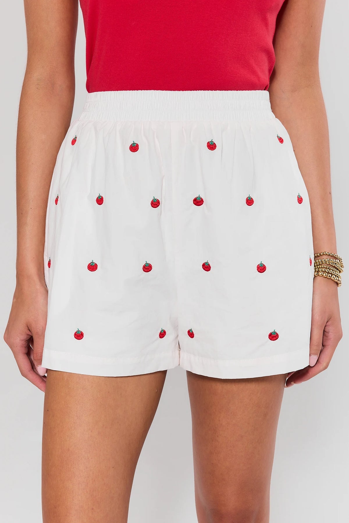 White Tomato Embroidered Shorts with red allover tomato print, high-rise elastic waist - Close-Up Front | Avara