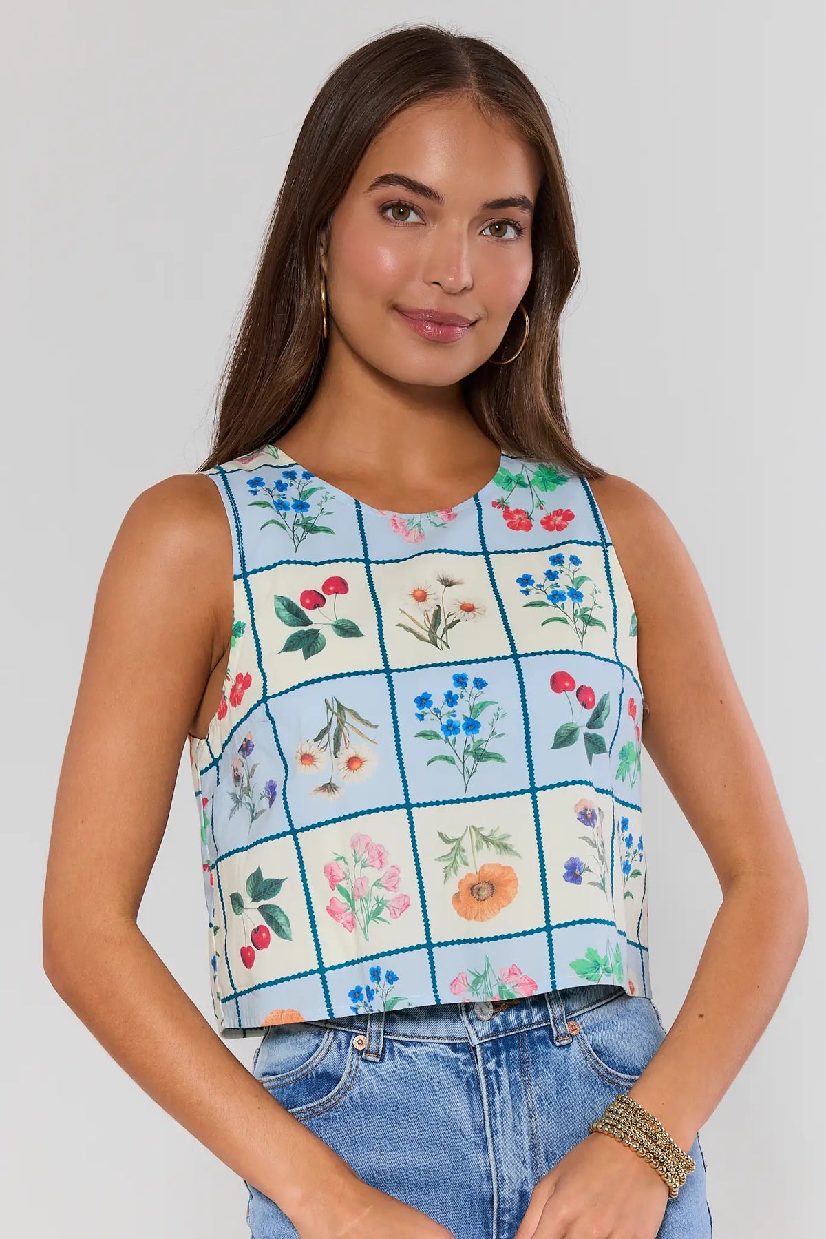 Blue Checkered Floral Tank Top paired with jeans and mules - Front View On Model | Avara
