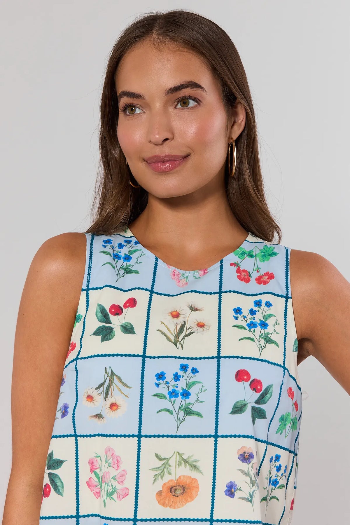 Claire Blue Checkered Floral Tank Top - Close-Up Print Detail, Round Neckline | Avara