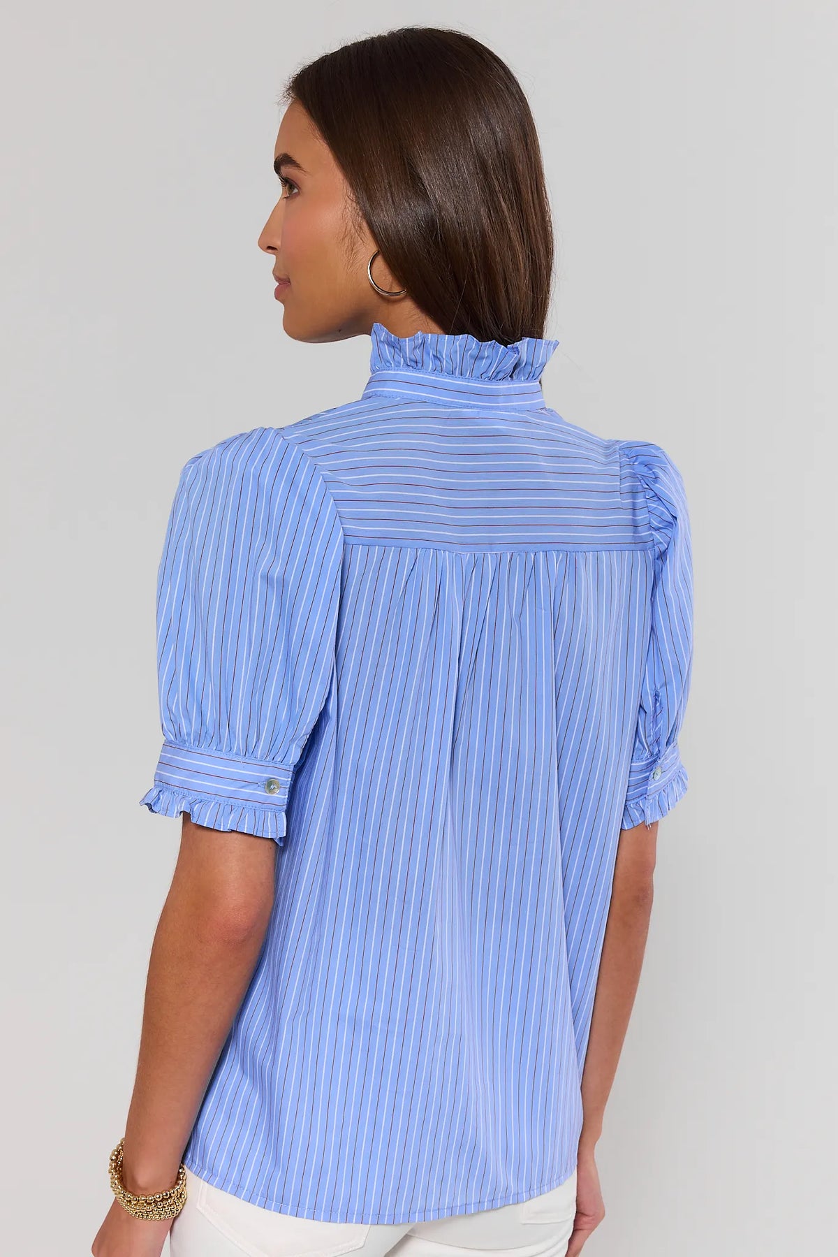 Blue striped puff sleeve top with ruffle collar and pleated back - Back View | Avara