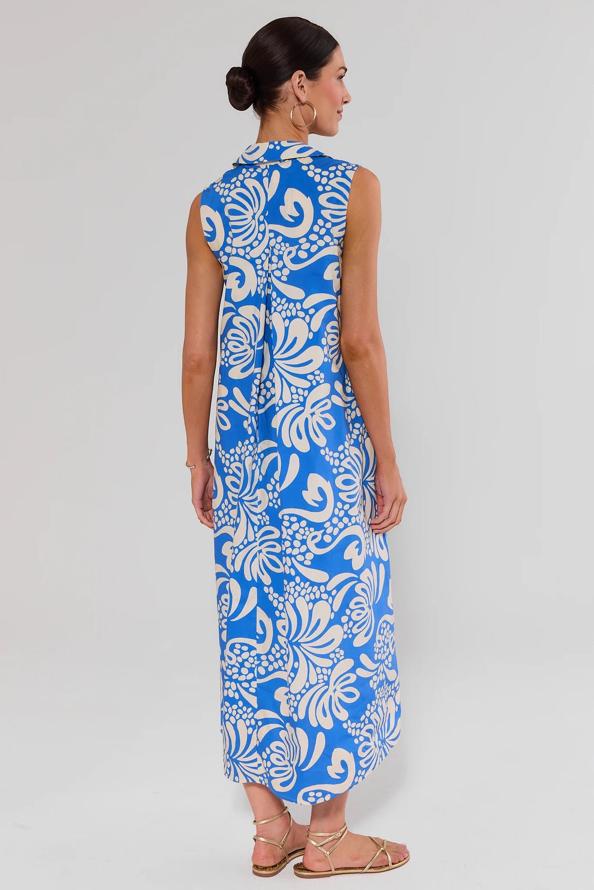 Blue & white printed sleeveless maxi dress showing full back view and hem length | Avara
