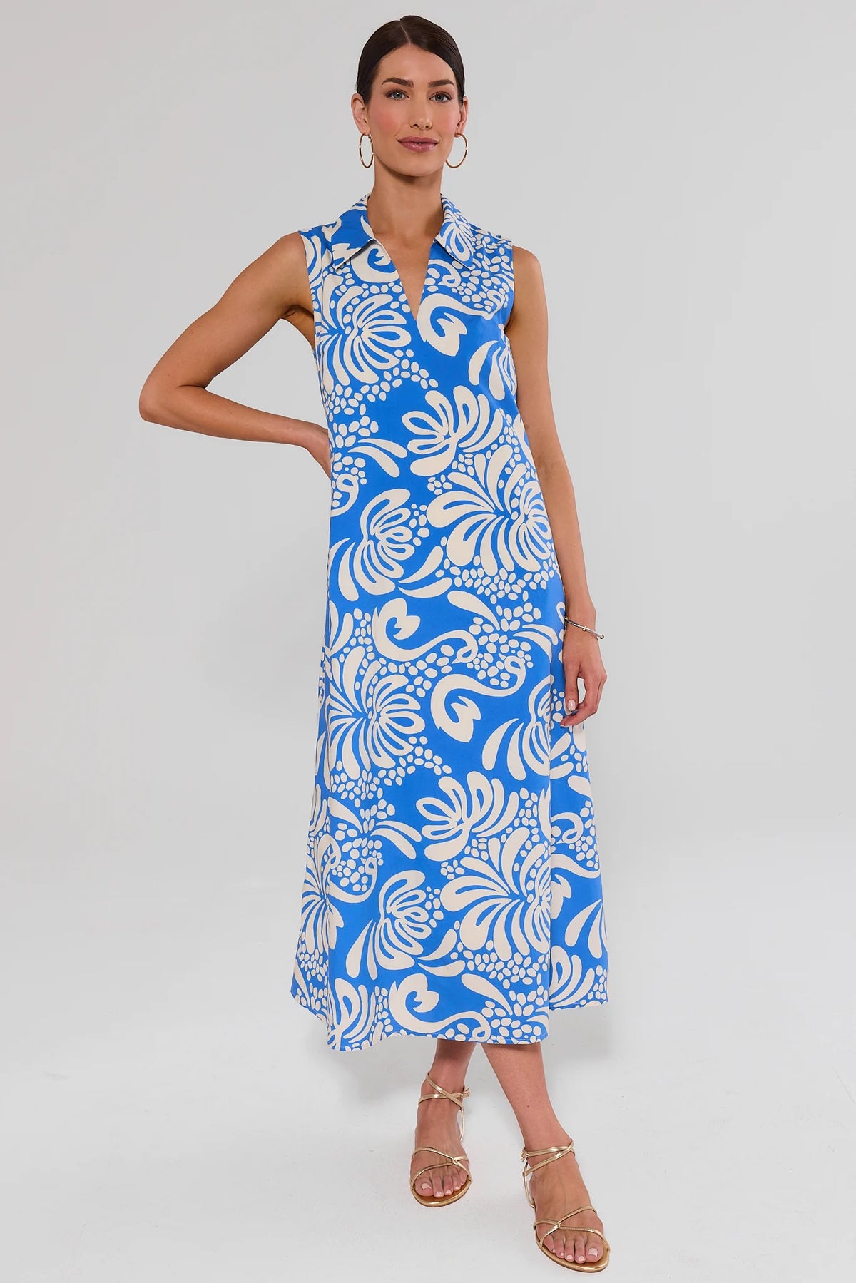 Blue & ivory printed maxi dress with collared V-neckline, sleeveless - Front View | Avara