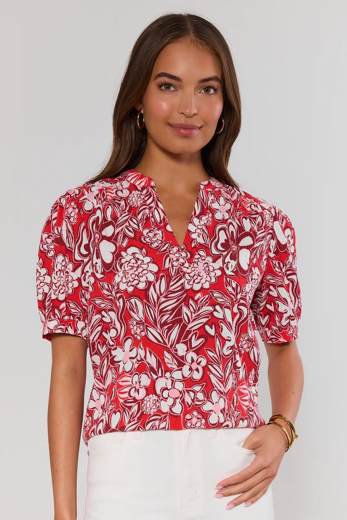 Red Floral Print Gauze Top with puff sleeves and split neckline - Front View | Avara