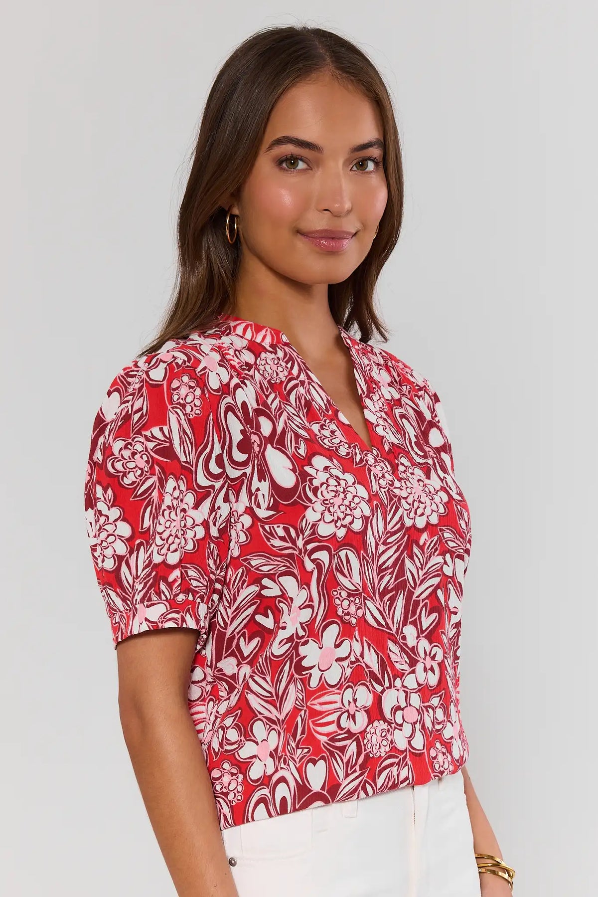 Red Floral Print Gauze Top with puff sleeves styled with white jeans - Side View | Avara