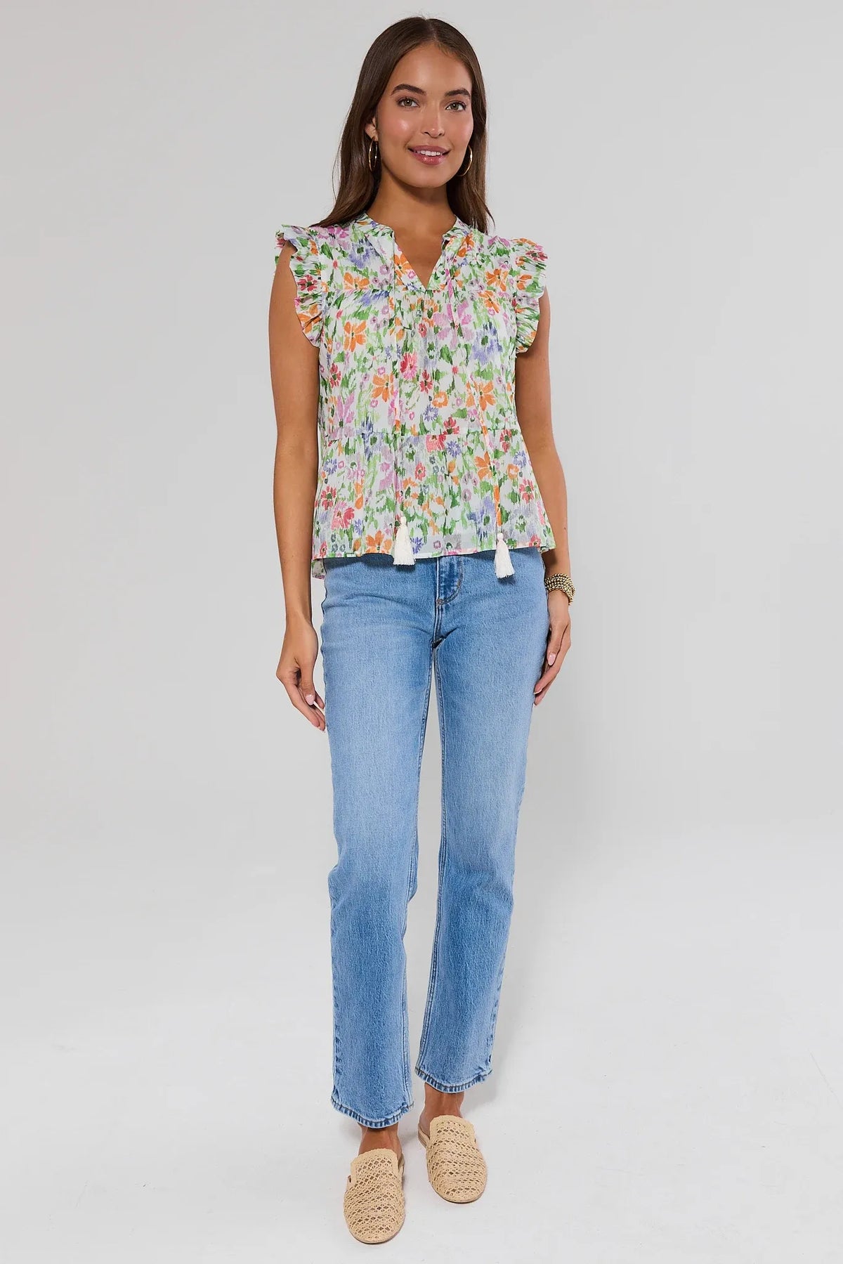 Multi floral Faye Flutter Sleeve Top styled with blue jeans and woven mules - Full Length | Avara
