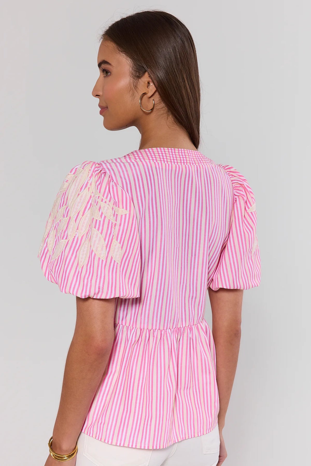 Alana Pink Stripe Peplum Top with cream leaf embroidery on puff sleeves - Back View | Avara