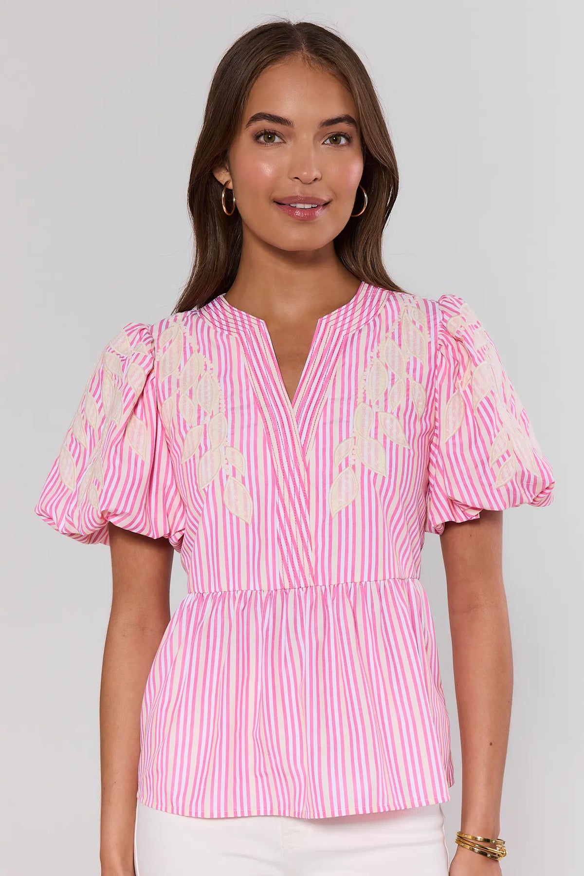 Pink stripe peplum top with cream leaf embroidery and puff sleeves - Front View | Avara