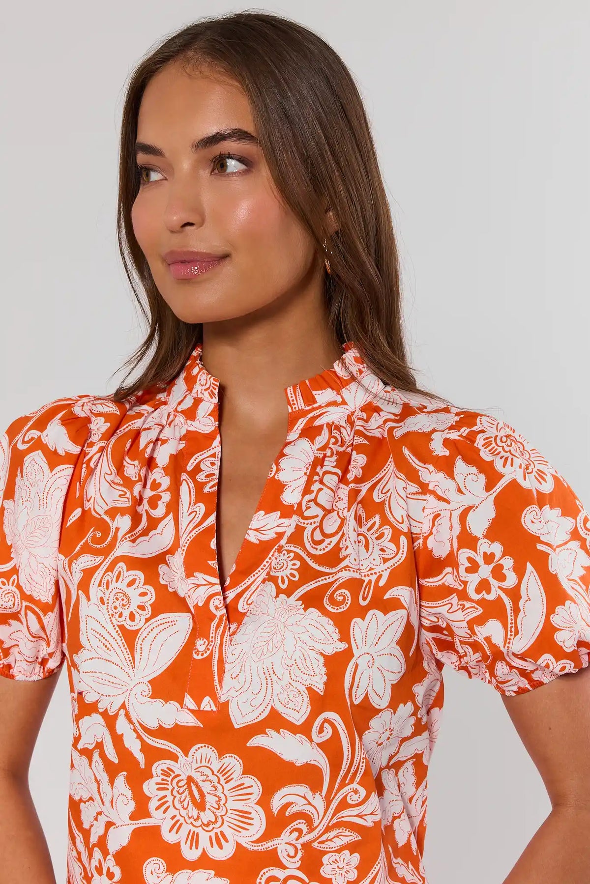 Rosanna Orange Floral Top - Close-Up Neckline & Puff Sleeve Detail | Avara