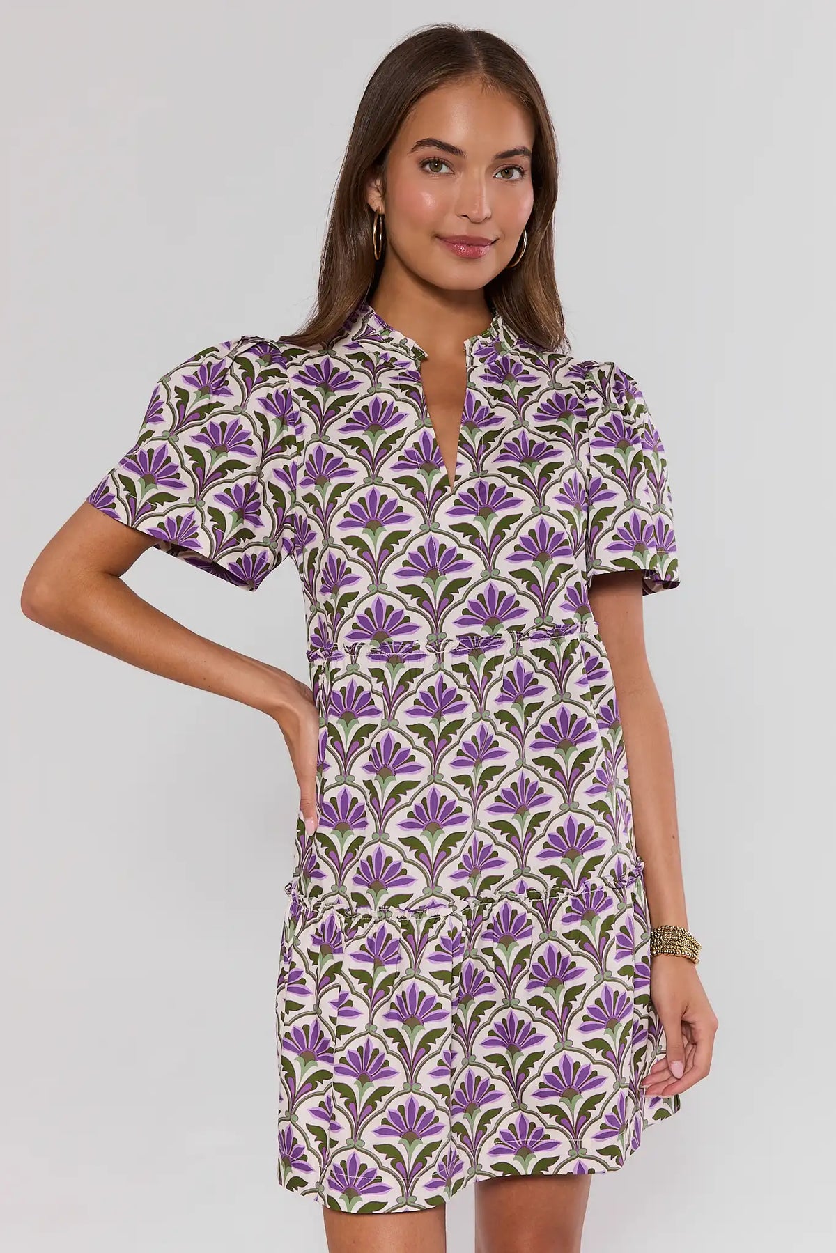 Evan Purple Floral Short Dress - Front View, Split Neckline & Ruffle Hem | Avara