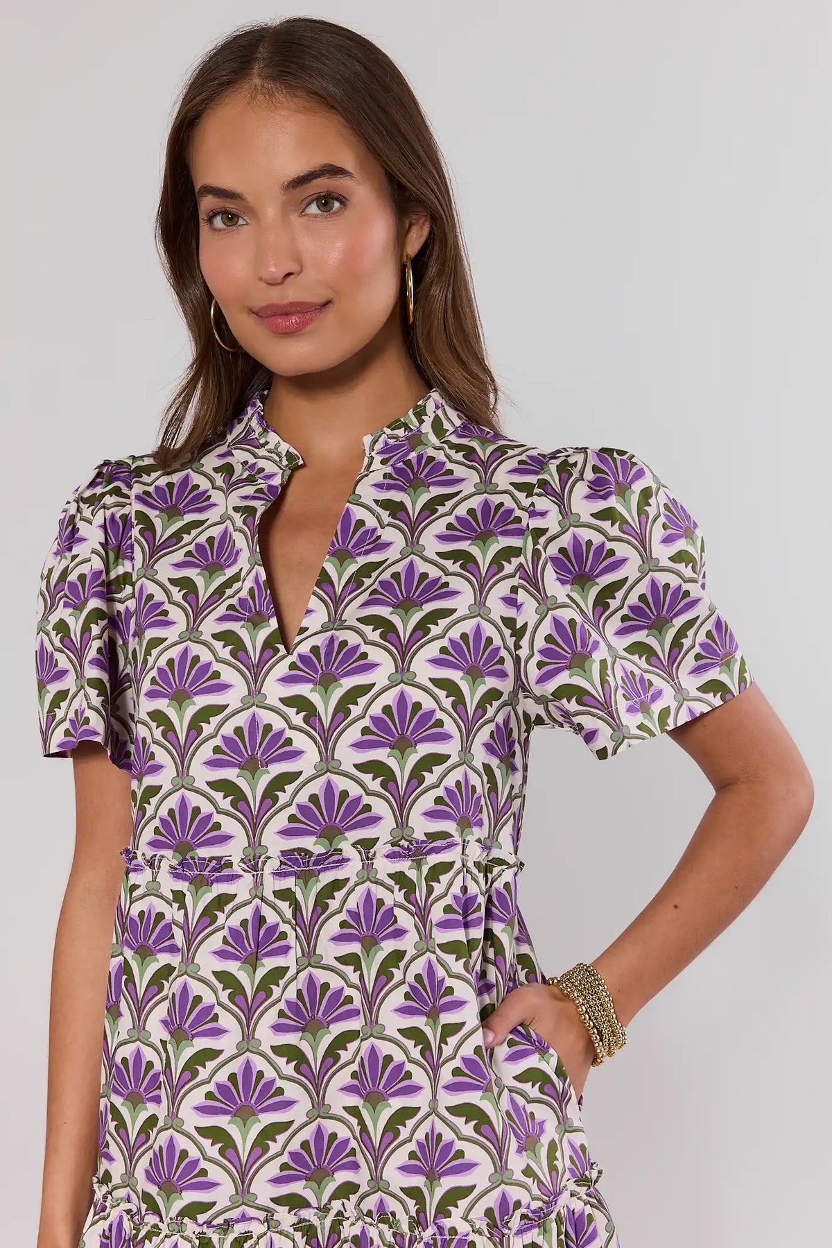 Evan Purple Floral Short Dress - Close-Up of Neckline & Print Detail | Avara