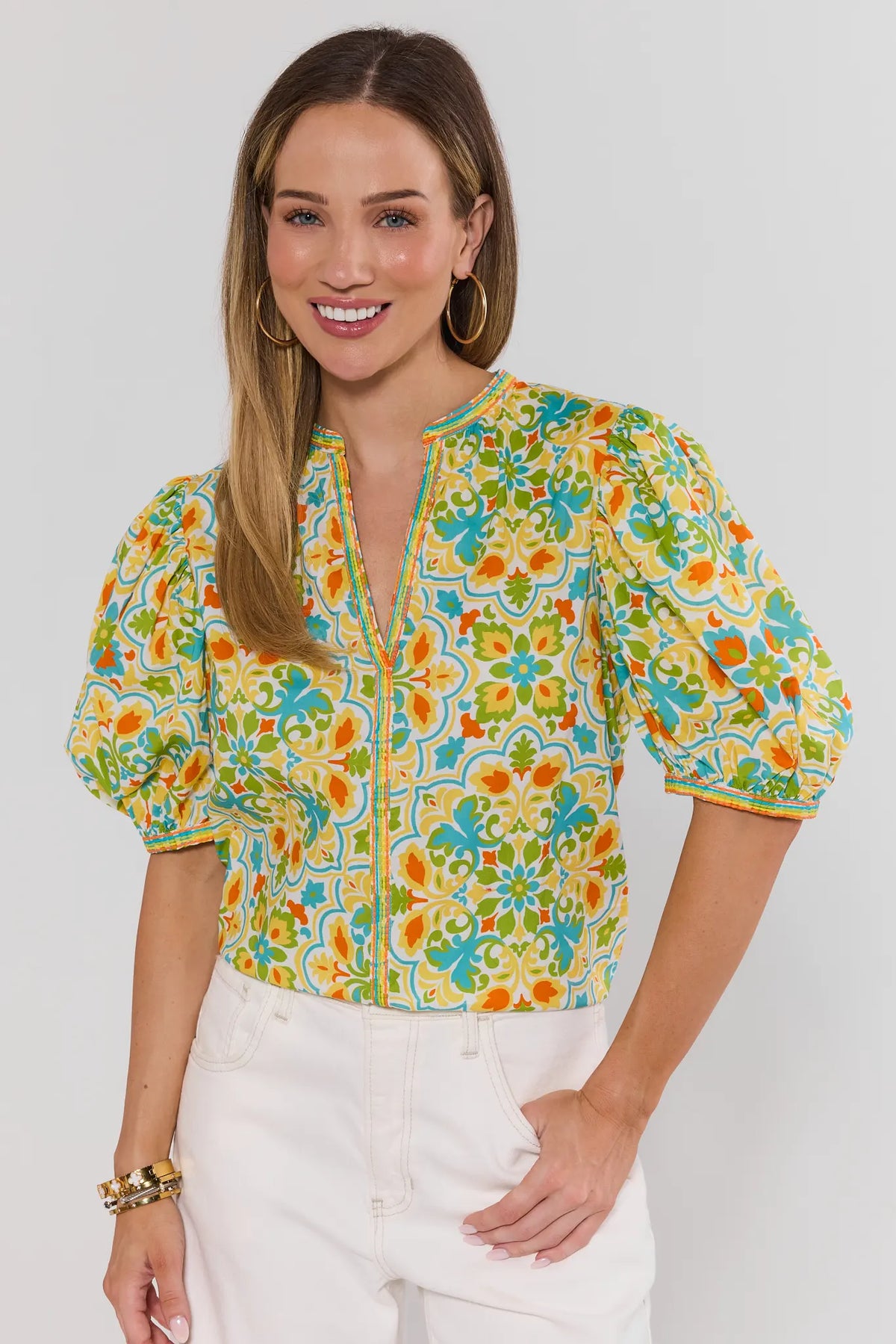 Allister Multi Printed Split Neck Top - colorful abstract puff sleeve top, front view on model | Avara