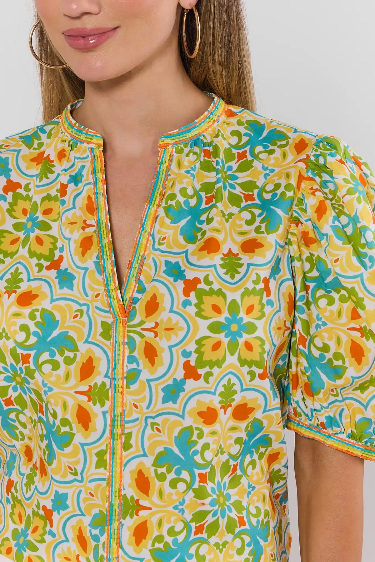 Allister Multi Printed Split Neck Top - split neck embroidered trim close-up detail, women's printed top | Avara