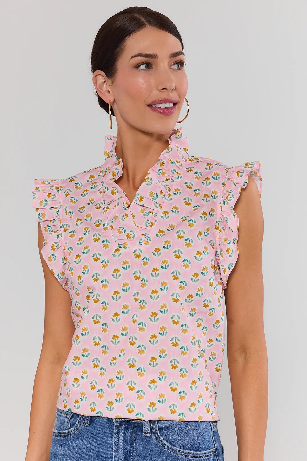 Ginny Pink Floral Ruffle Top - Front View, cute floral top for women styled with denim | Avara
