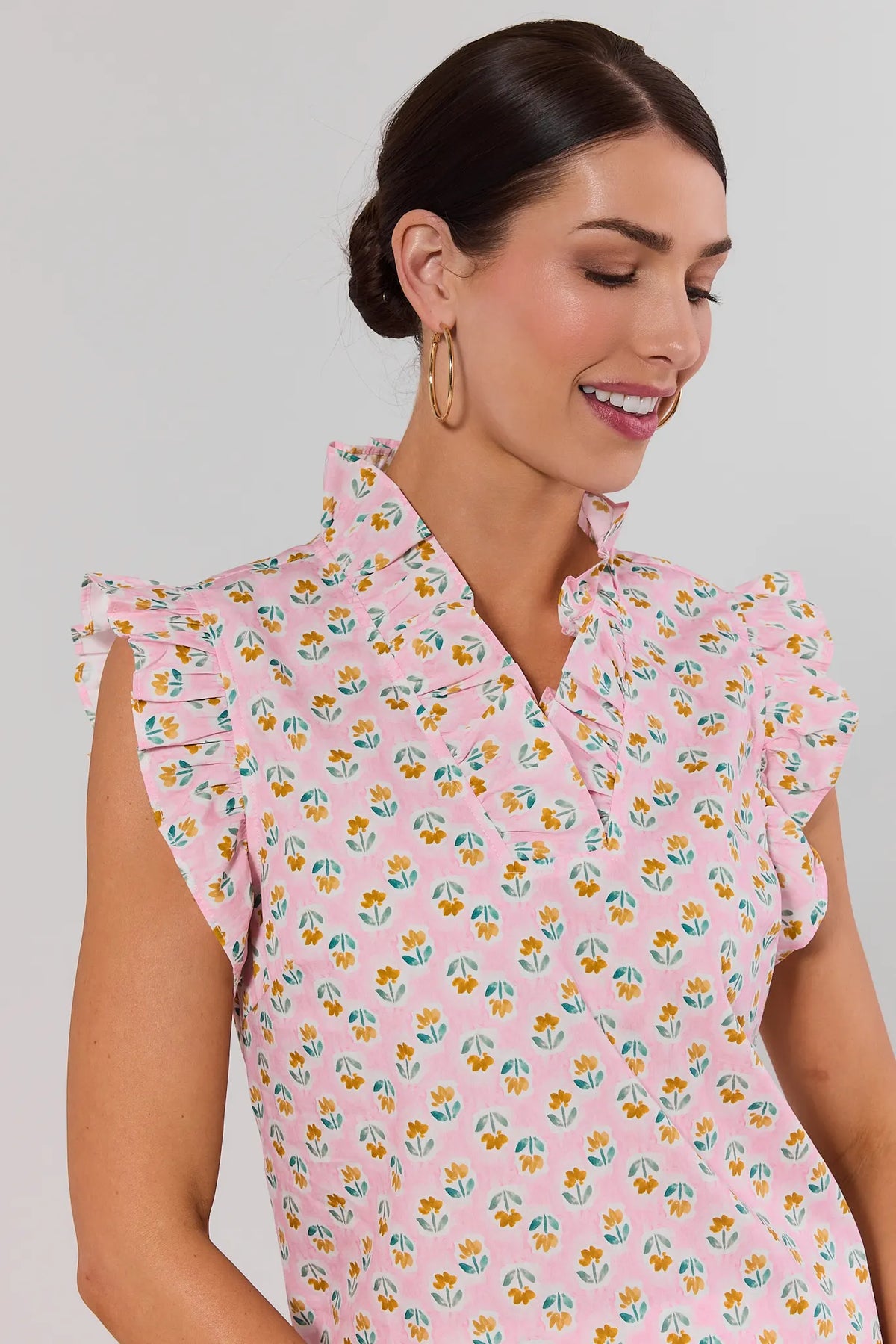 Ginny Pink Floral Ruffle Top - Close-Up Detail of ruffle collar and flutter sleeves | Avara