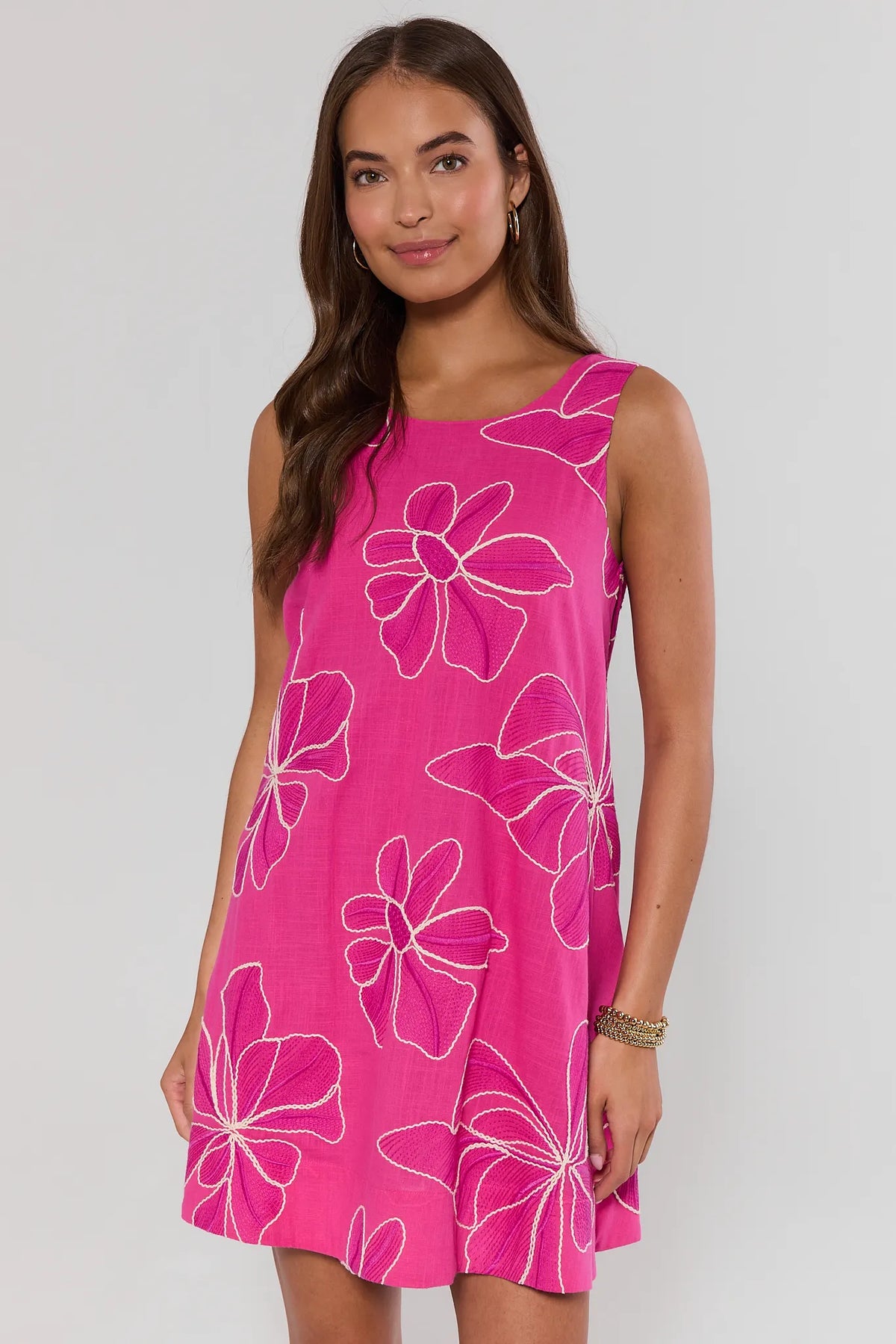 Mary Pink Floral Short Dress - Embroidered Sleeveless On Model Front View | Avara