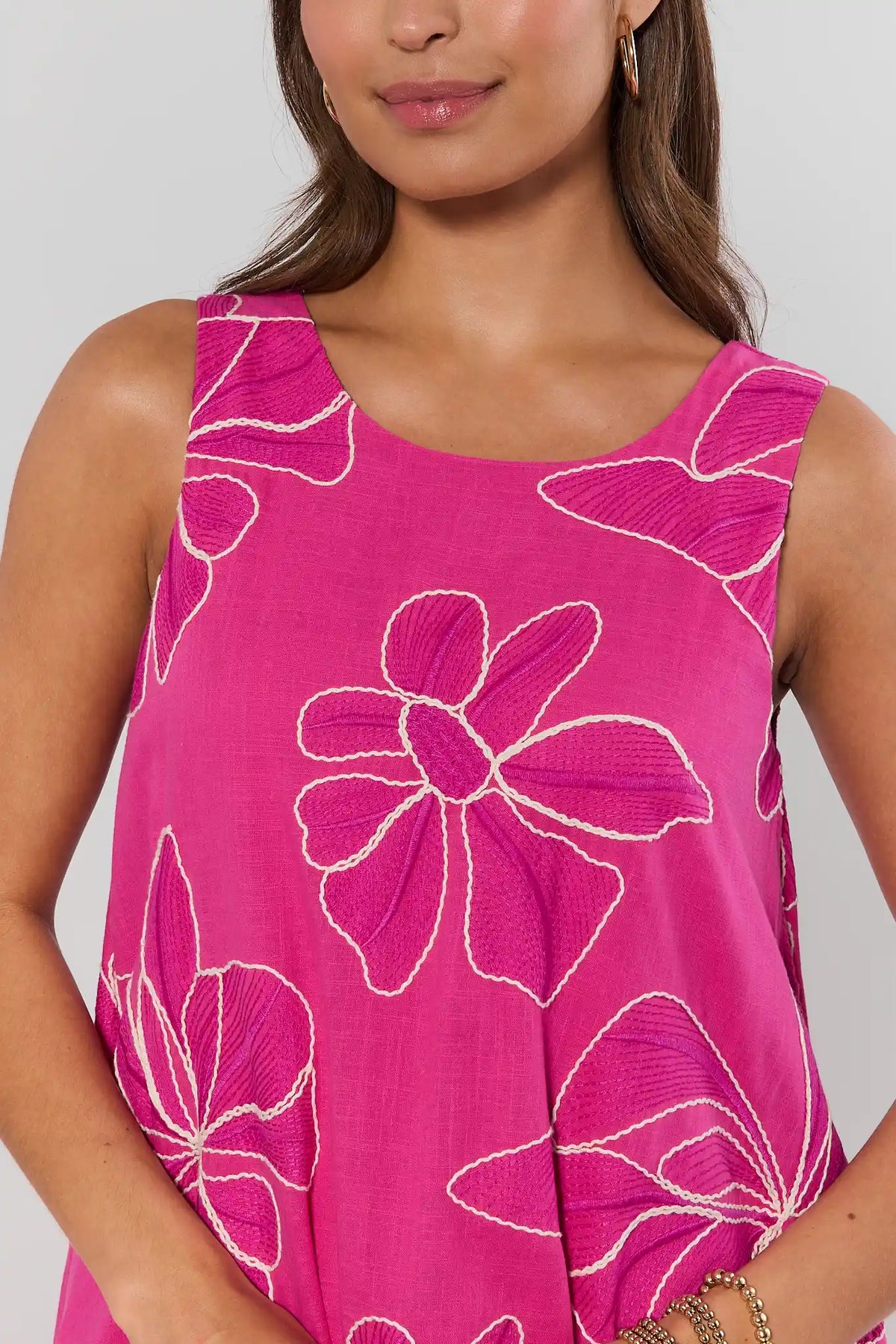 Mary Pink Floral Short Dress - Embroidered Neckline Close-Up Detail | Avara