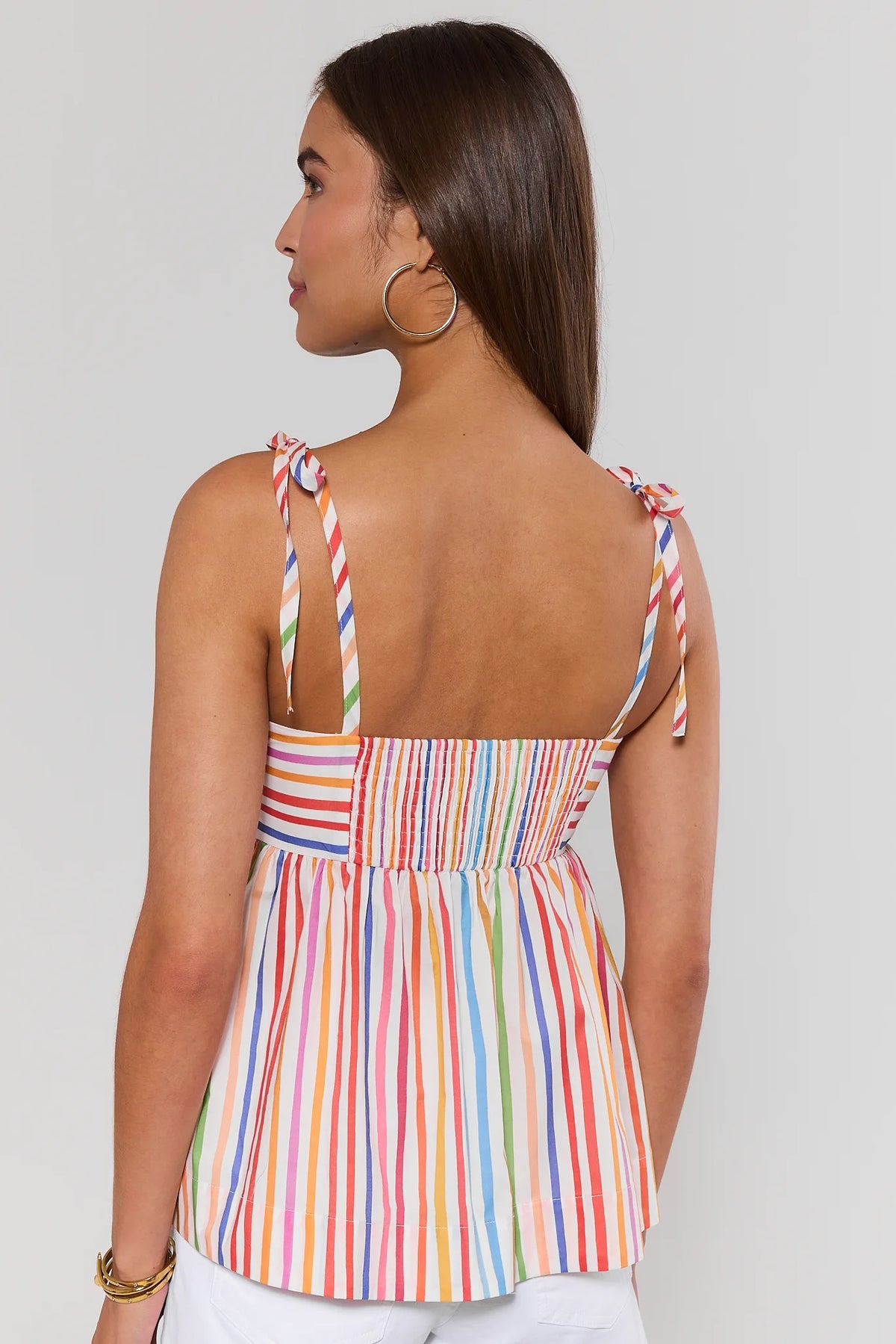 Ava Colorful Striped Peplum Tank Top - Smocked Back Detail, Tie Straps, Back View | Avara