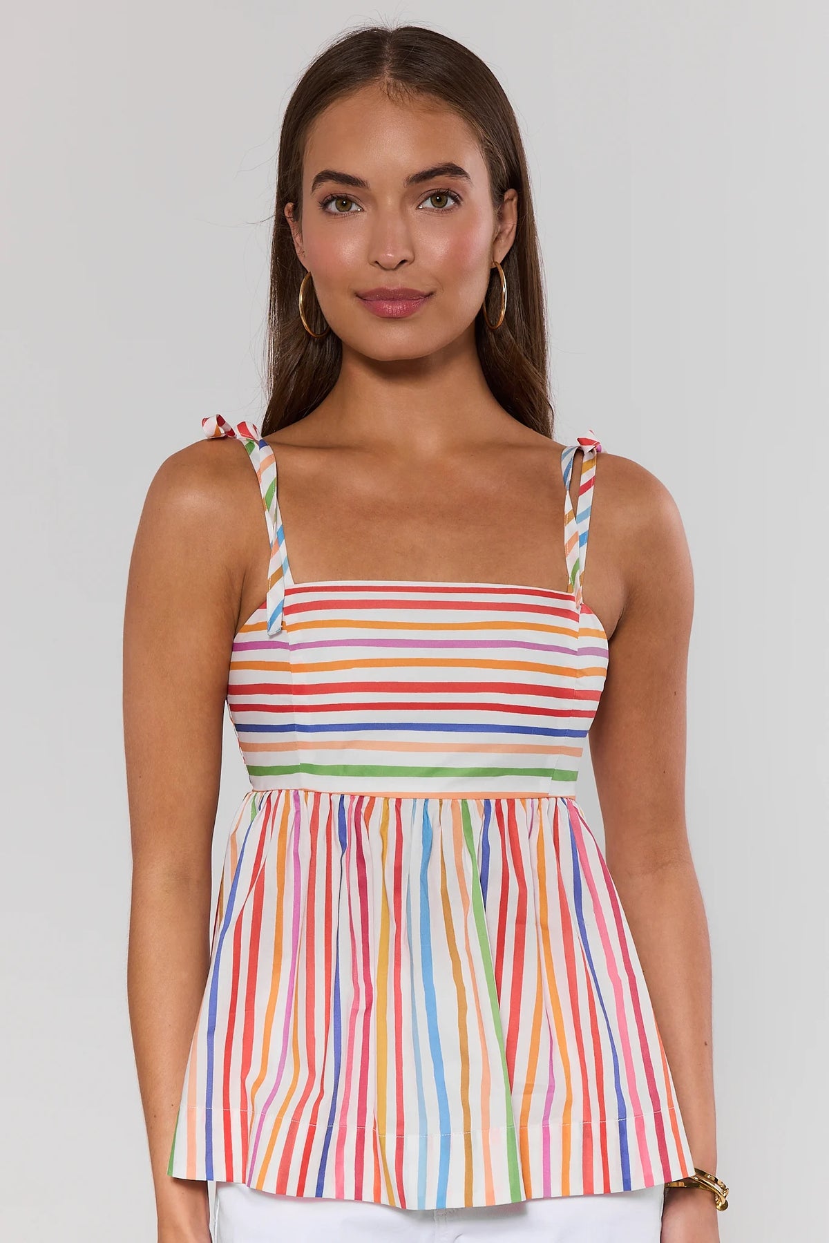 Ava Multi Striped Peplum Tank Top - Rainbow Multicolor, Square Neckline, Front View | Avara