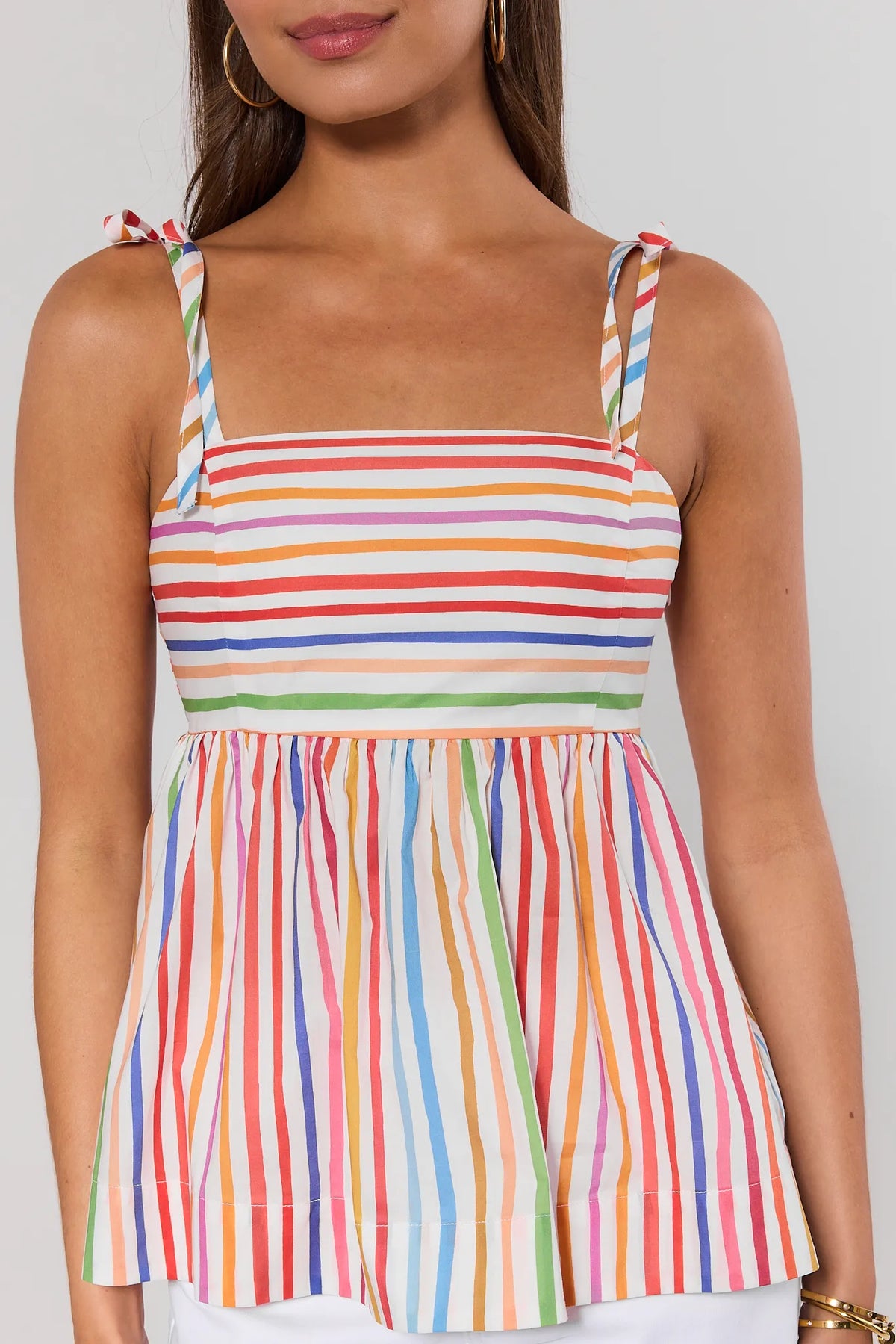 Ava Multicolor Striped Tank Top - Tie Strap & Smocked Waist Close-Up Detail | Avara