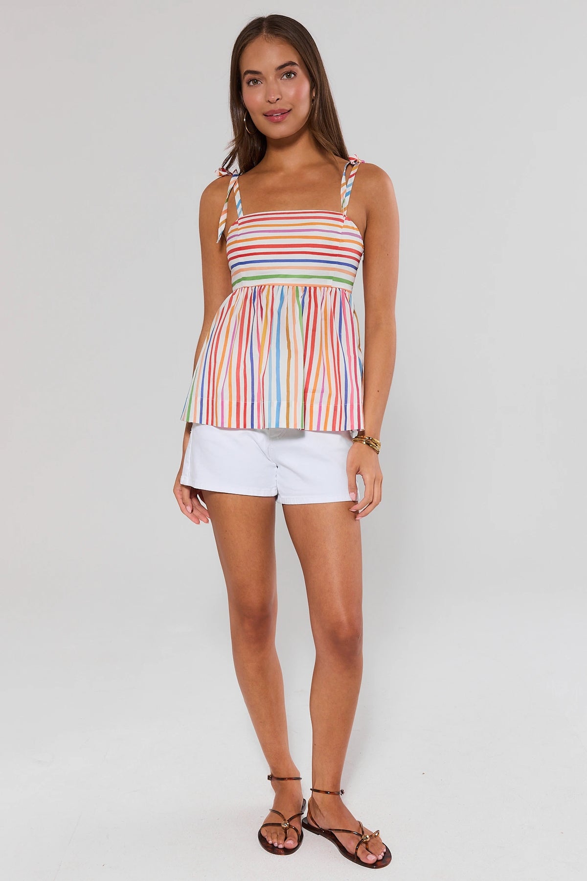 Ava Multi Striped Tank Top Styled with White Shorts - Full Length Front View | Avara