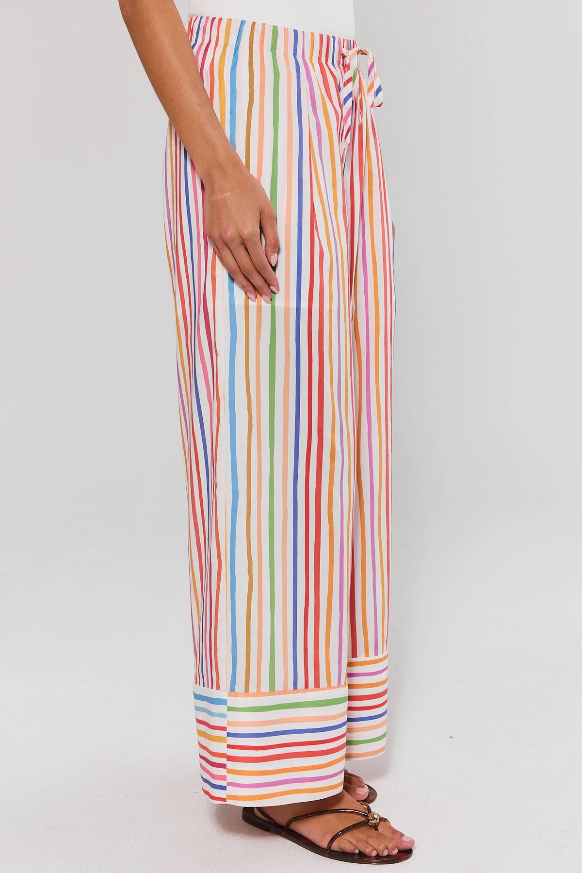 Multicolored striped pants wide-leg silhouette with contrast hem band - Side Profile On Model | Avara