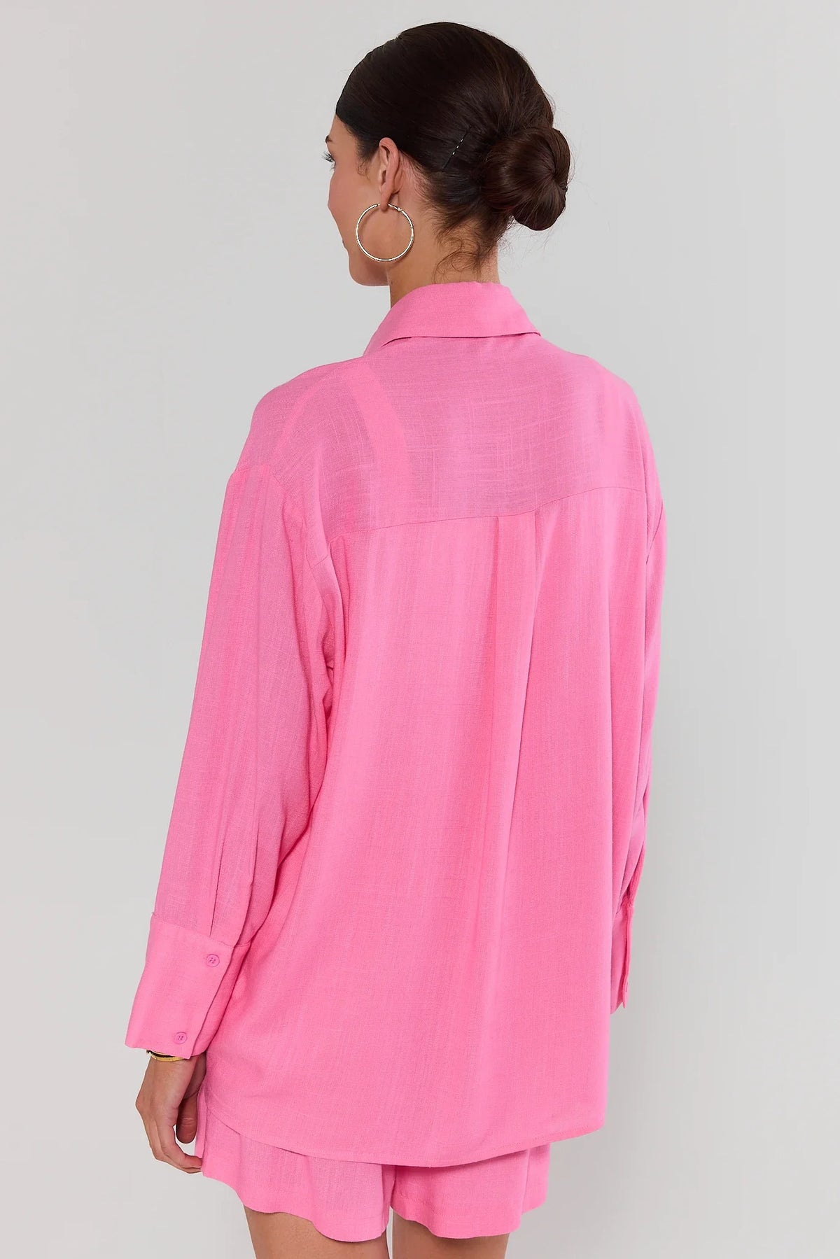 Pink Button Up Top with matching pink shorts - Back View showing oversized fit | Avara