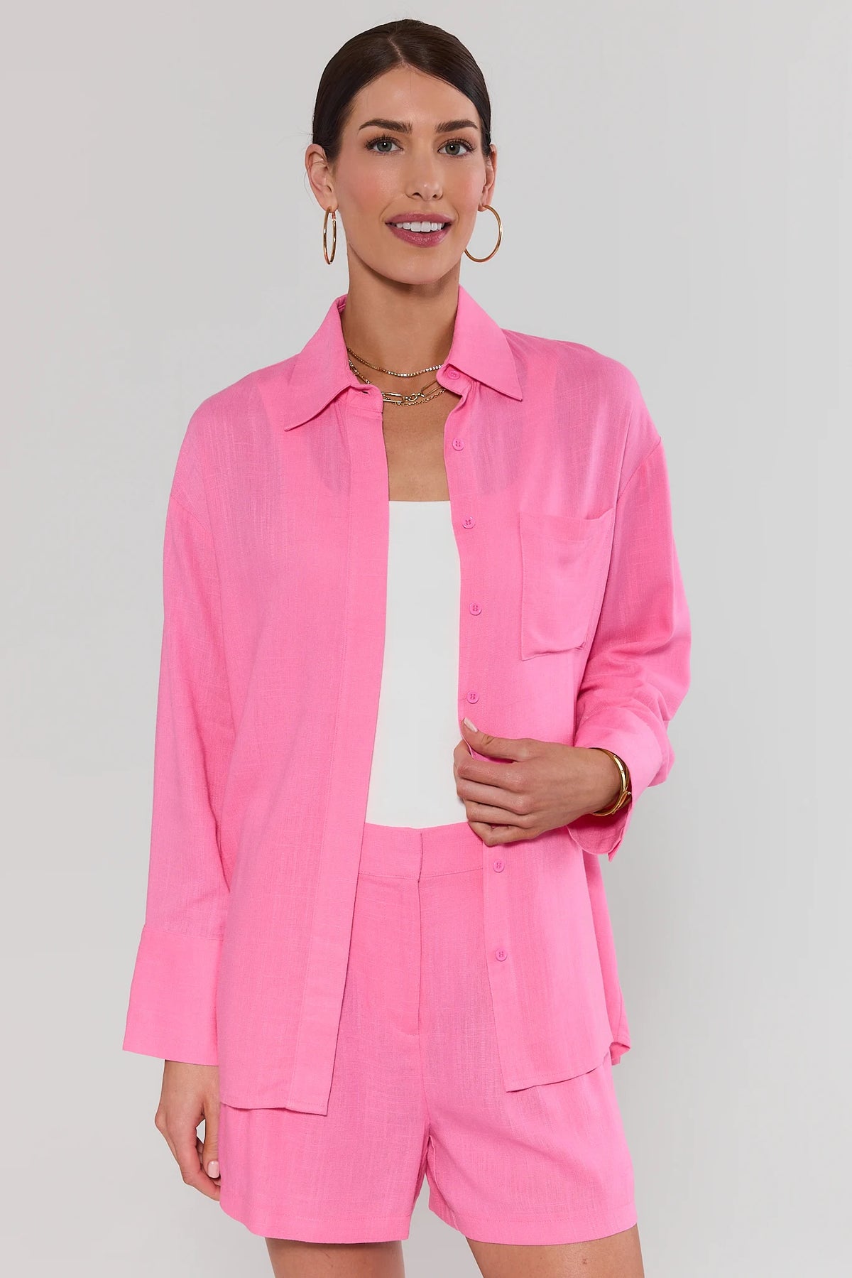 Pink Button Up Top styled with matching pink shorts - Front View, cute tops for women | Avara