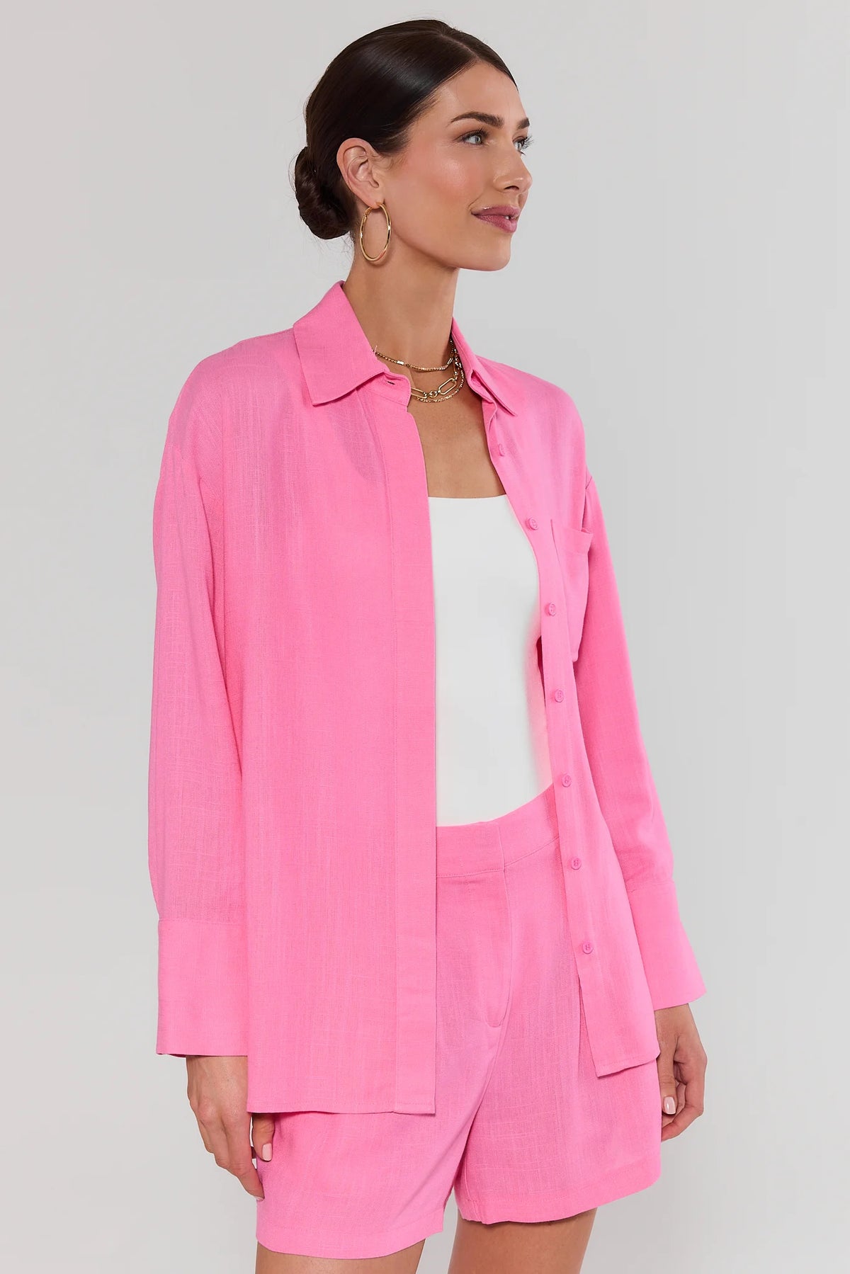 Pink Button Up Top with matching shorts - Side Angle View showing relaxed silhouette | Avara