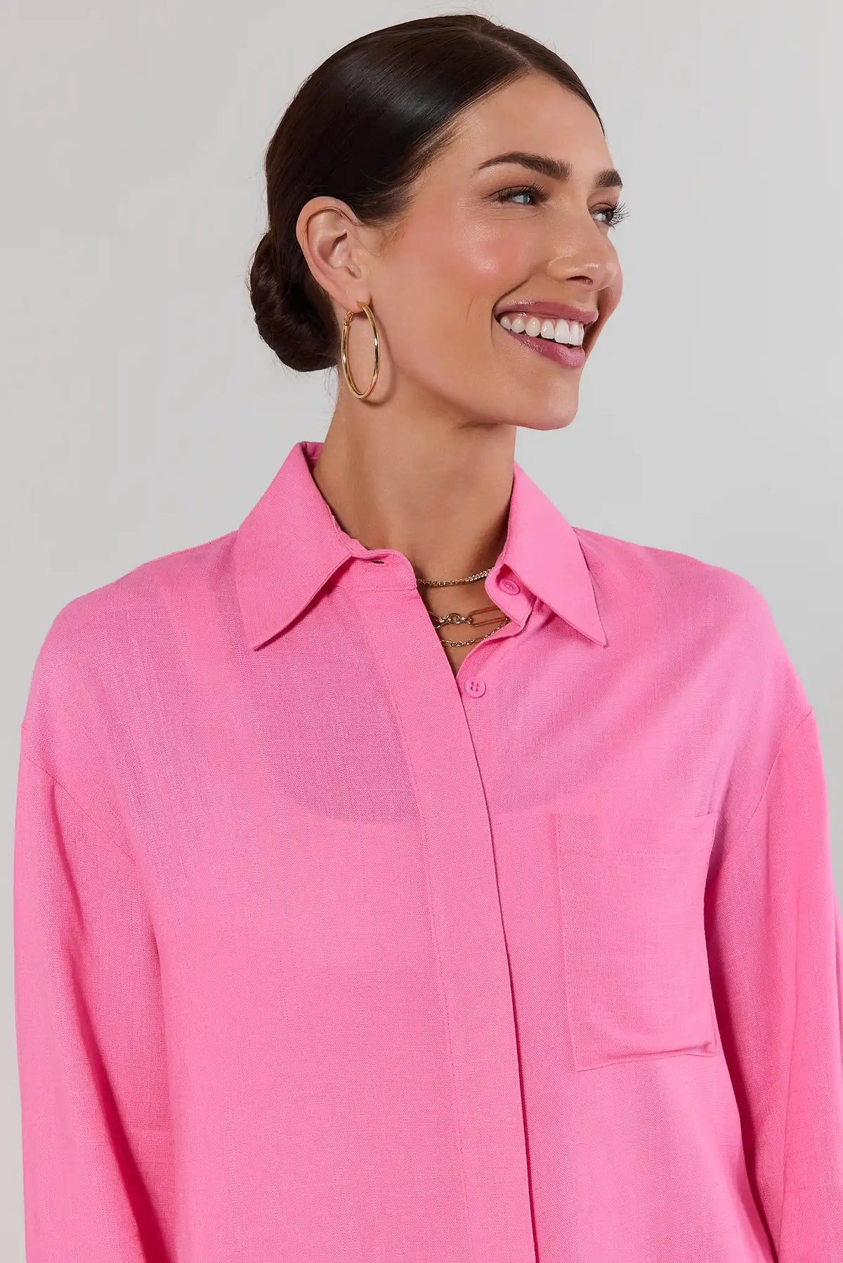 Pink Button Up Top close-up showing collar, chest pocket, and button detail | Avara