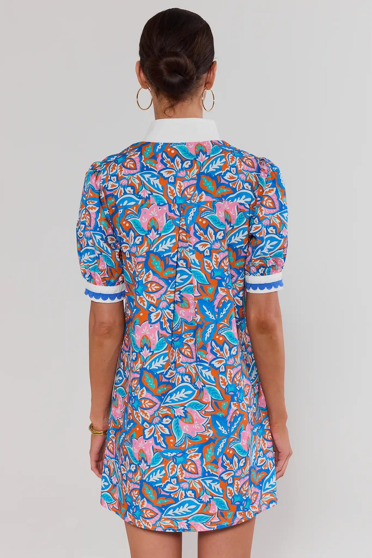 Blue Multi Printed Short Dress - Back View, Scallop Cuff & White Collar | Avara
