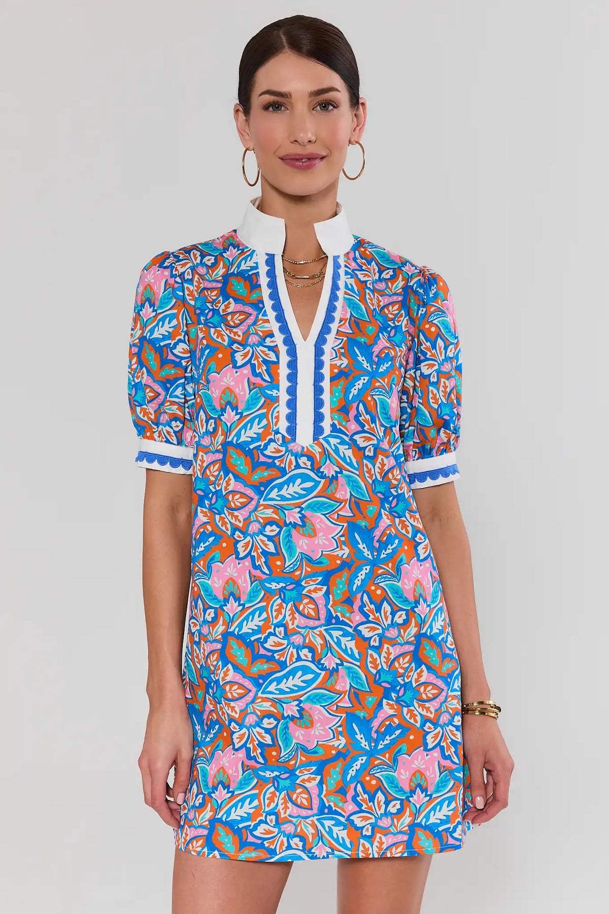 Blue Multi Printed Short Dress - Front View, Puff Sleeve & White Collar Detail | Avara