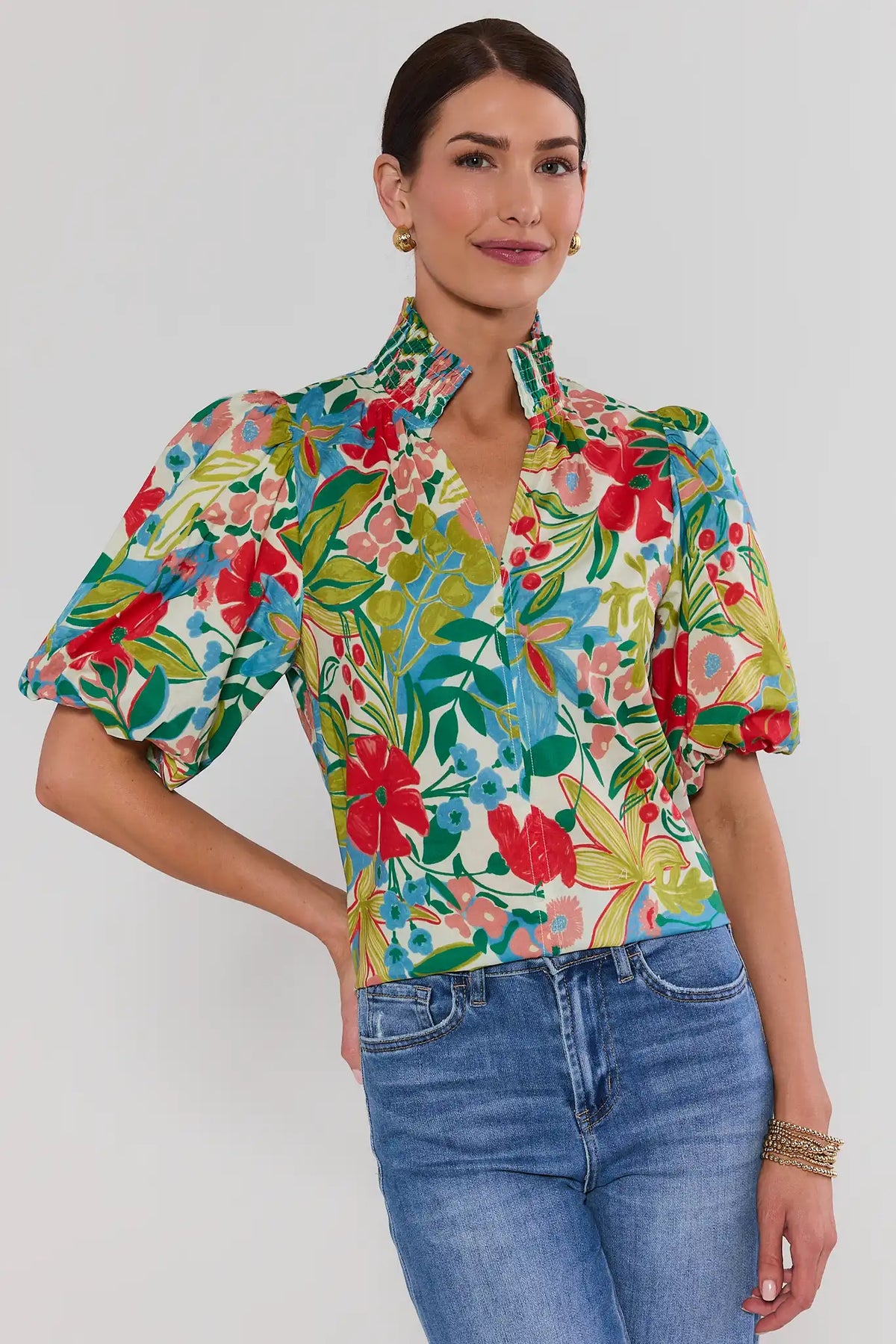 Melanie Floral Print Split Neck Top