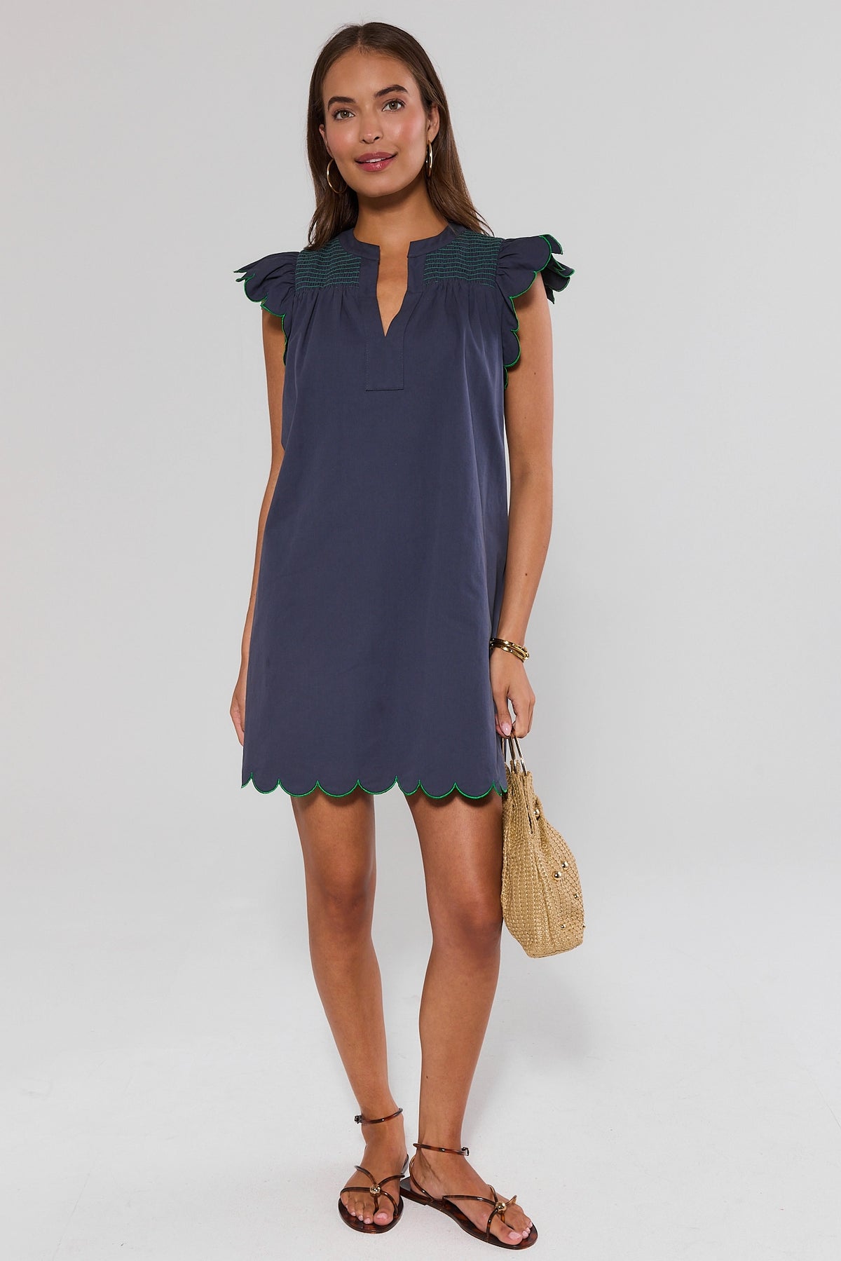 Navy scalloped short dress styled with sandals and woven bag - Full Length Front View | Avara
