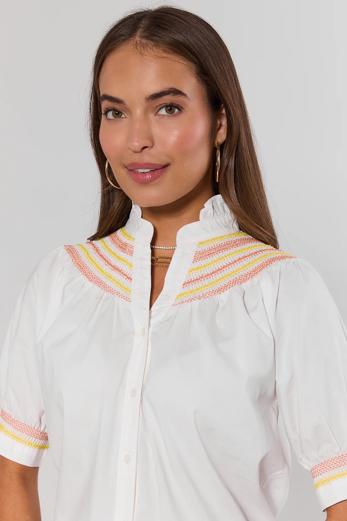 Yvonne White Embroidered Top - Close-Up of Yellow & Coral Embroidery Detail at Neckline | Avara